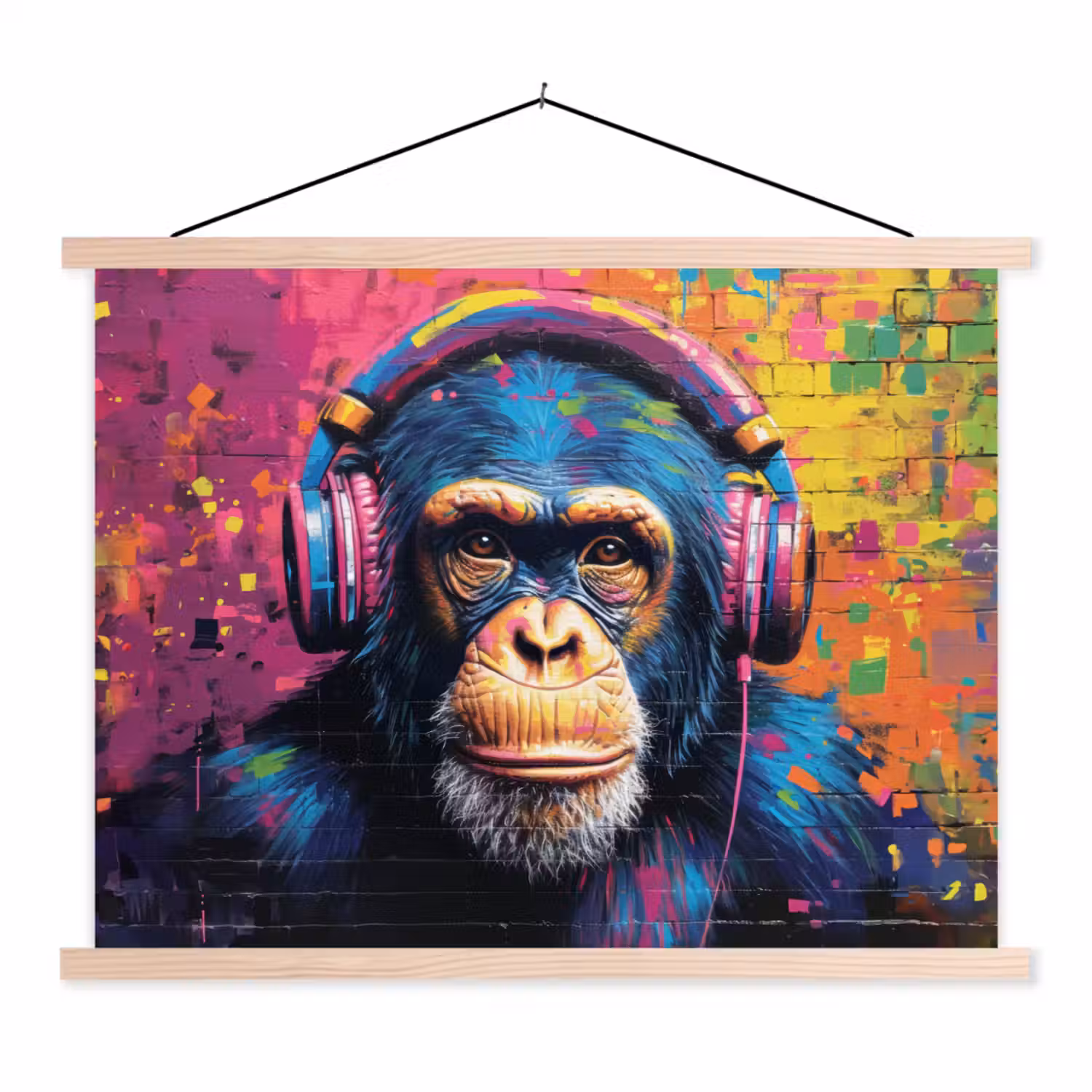 Graffiti - Chimpanzee - Street art - Koptelefoon - Aap textielposter latten blank klein -3d