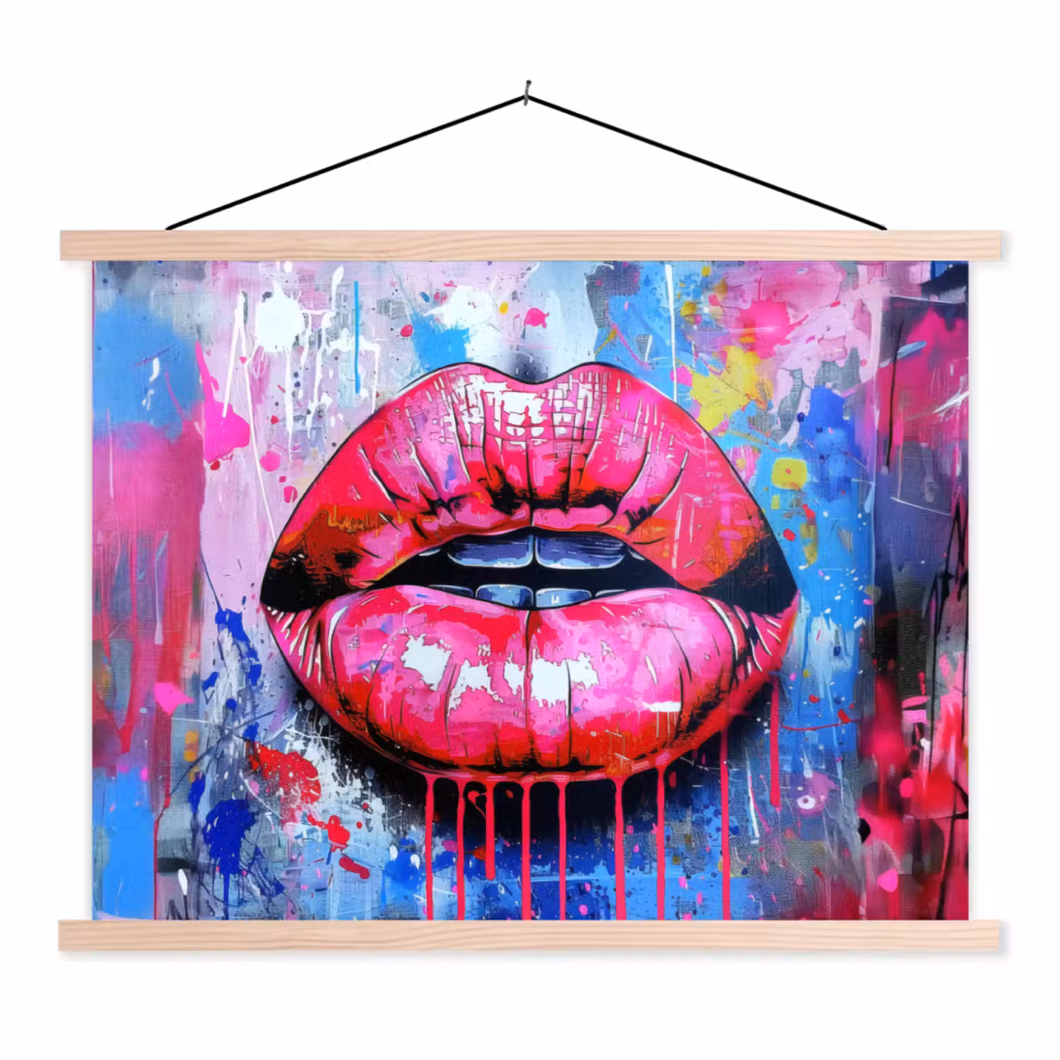 Graffiti - Lippen - Felroze - Geschilderd textielposter latten blank klein -3d