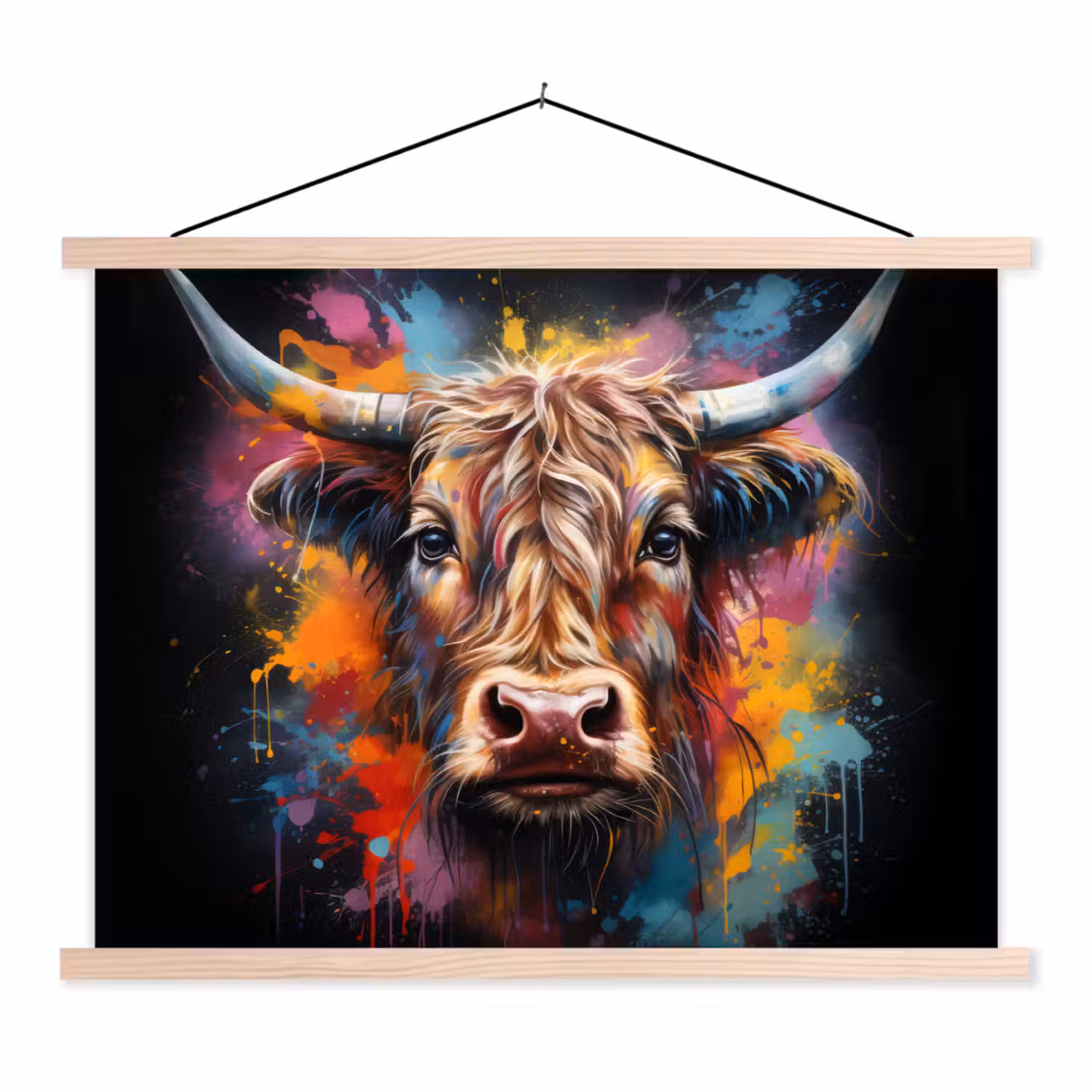 Graffiti - Schotse hooglander - Zwart - Koe textielposter latten blank klein -3d