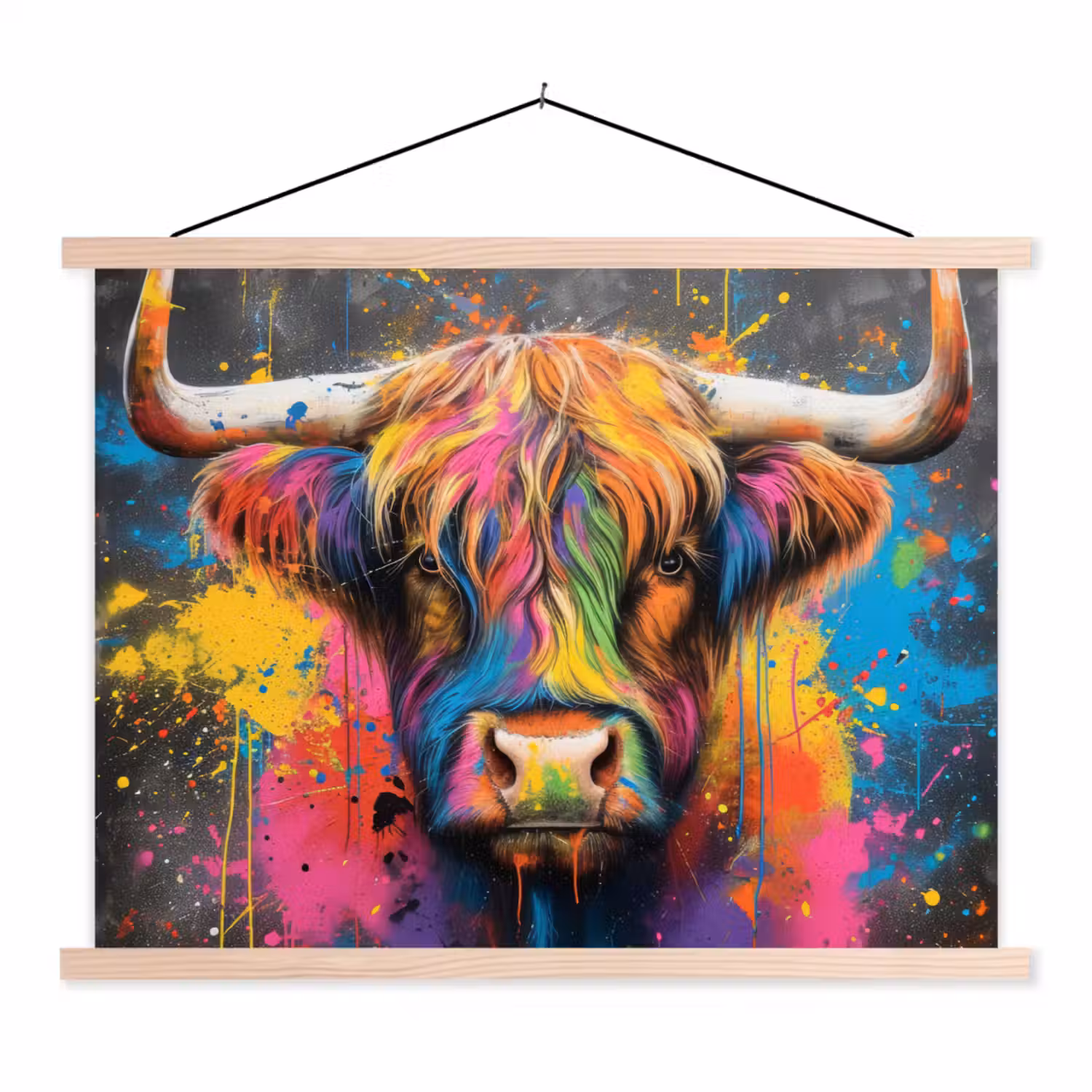 Graffiti - Schotse hooglander - Koe - Kleurrijk textielposter latten blank klein -3d