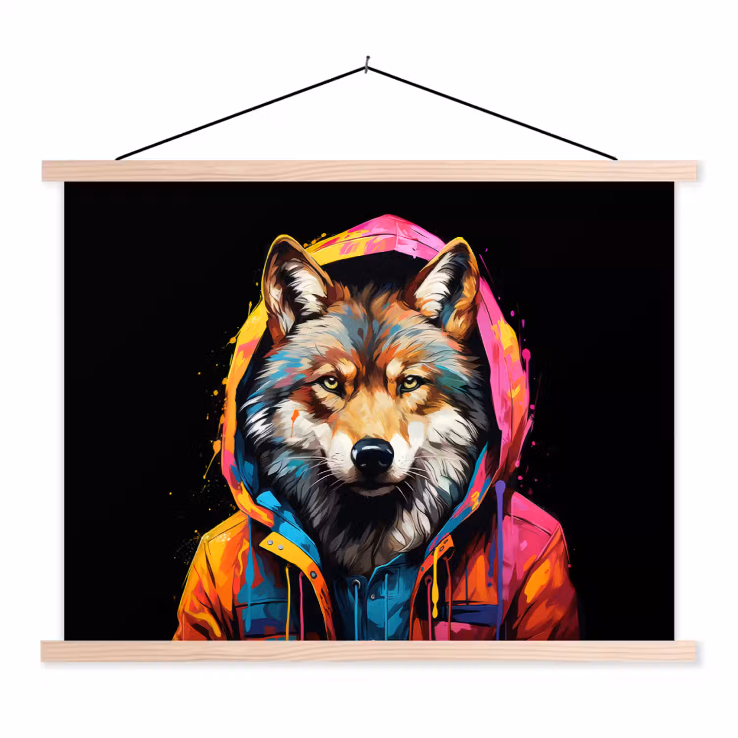 Graffiti - Wolf - Jas - Zwart textielposter latten blank klein -3d