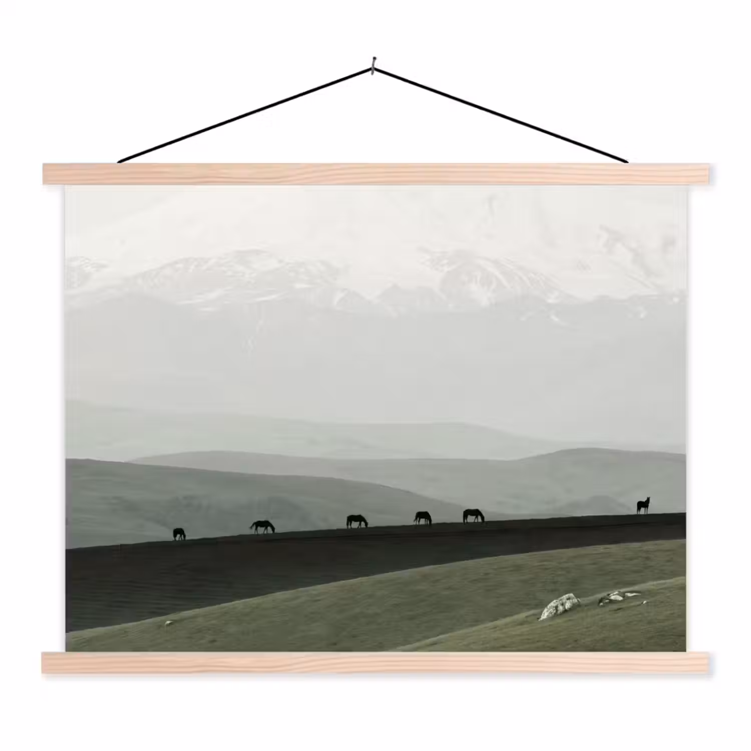 Grijs - Berg - Paarden textielposter latten blank klein -3d