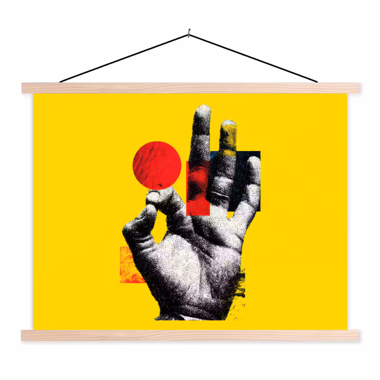 Hand - Rode cirkel - Geel textielposter latten blank klein -3d