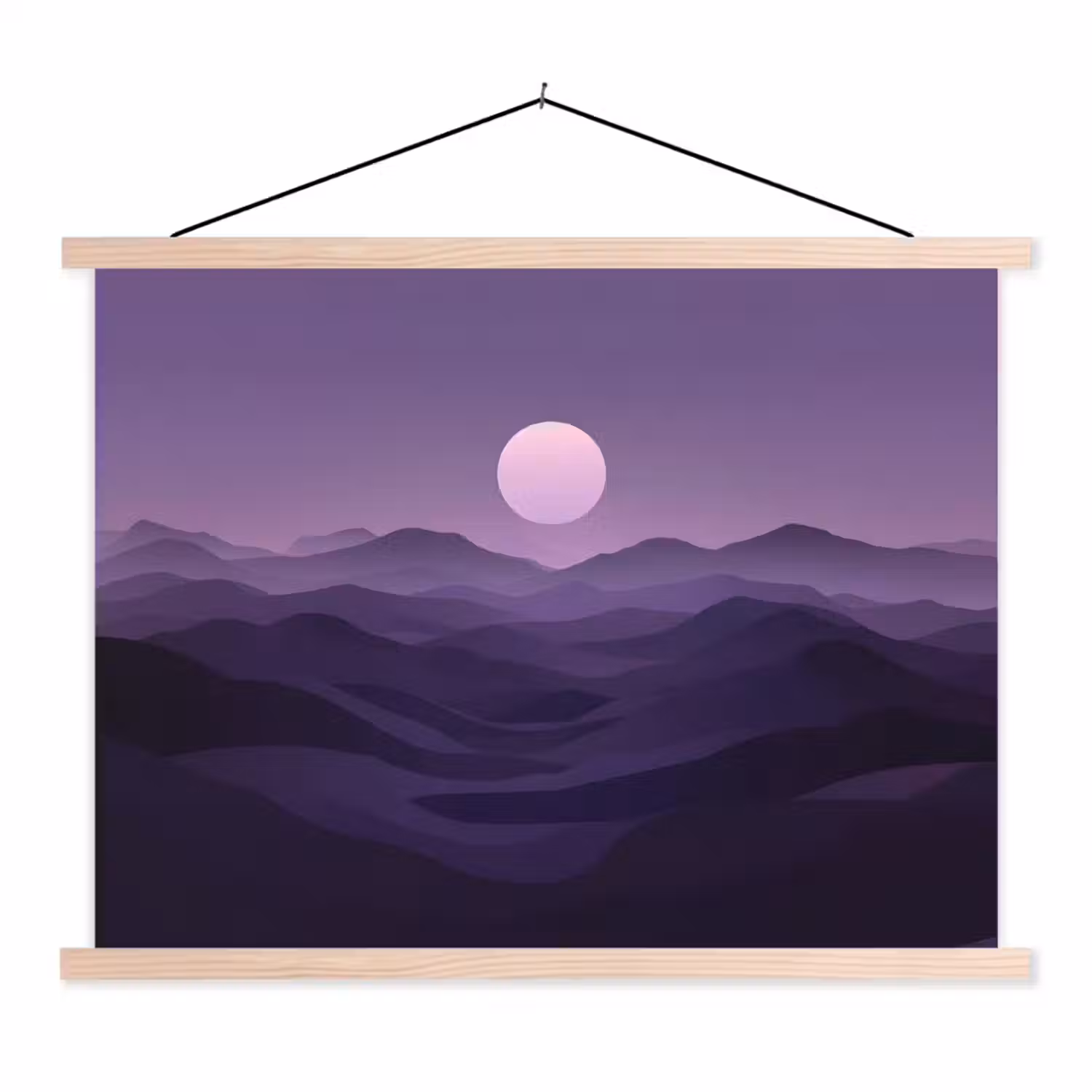 Heuvels - Paars - Mist - Zon textielposter latten blank klein -3d