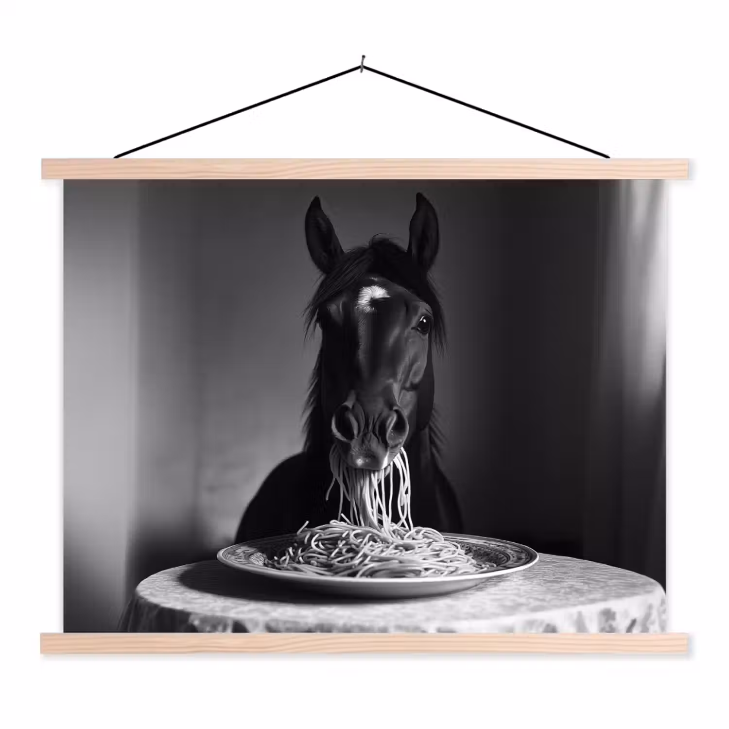 Paard - Bord - Pasta - Tafelkleed - Zwart Wit - Dieren textielposter latten blank klein -3d