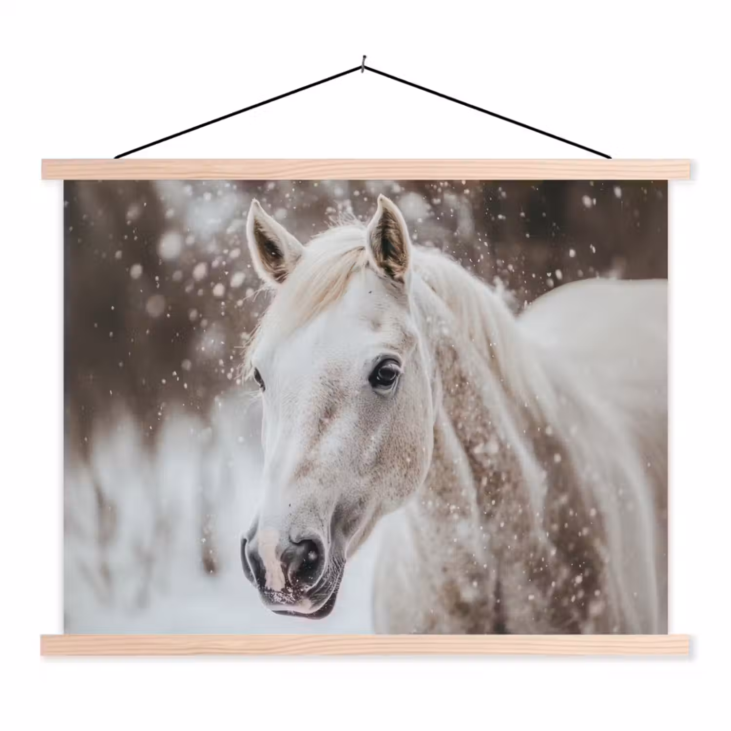 Paard - Wit - Winter - Natuur - Sneeuw - Dieren textielposter latten blank klein -3d