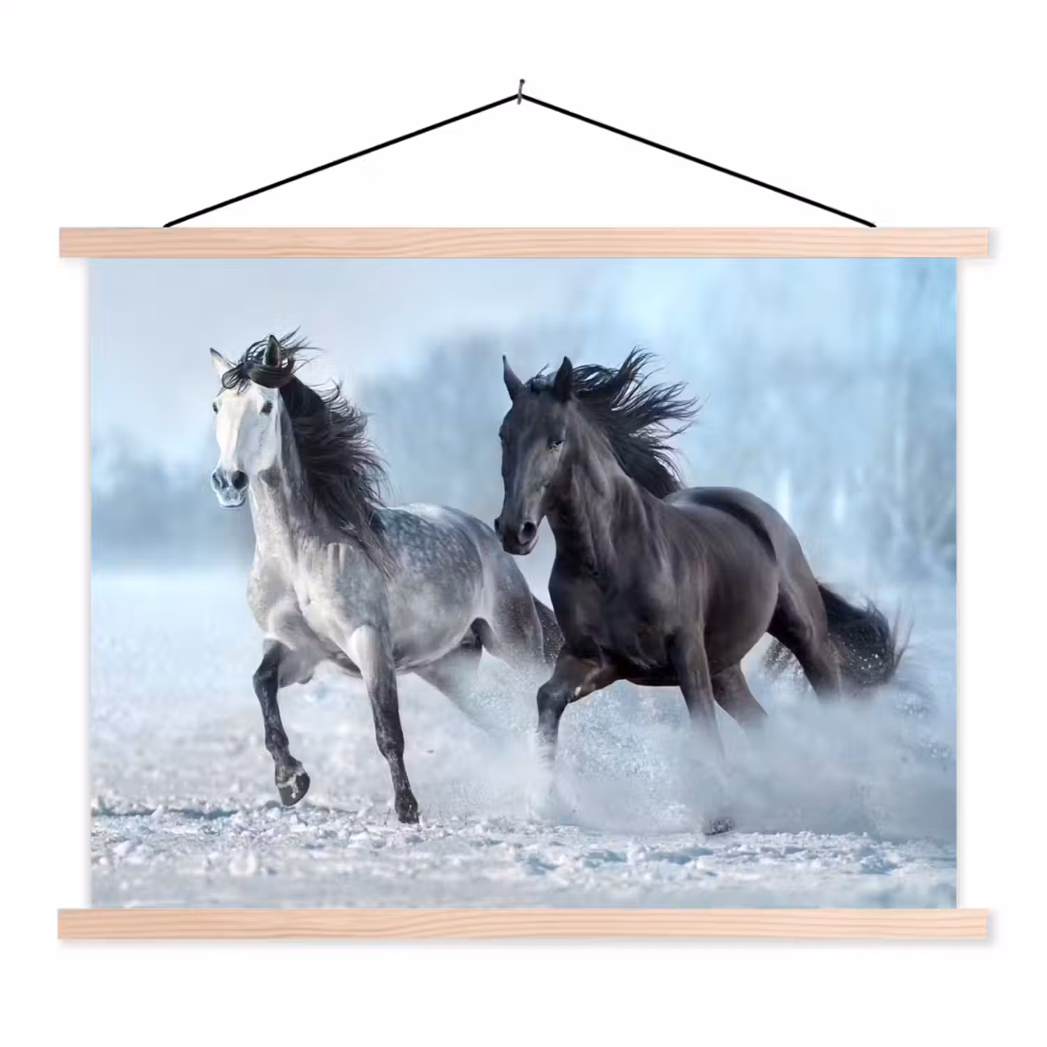 Paarden - Winter - Dieren - Natuur - Sneeuw textielposter latten blank klein -3d