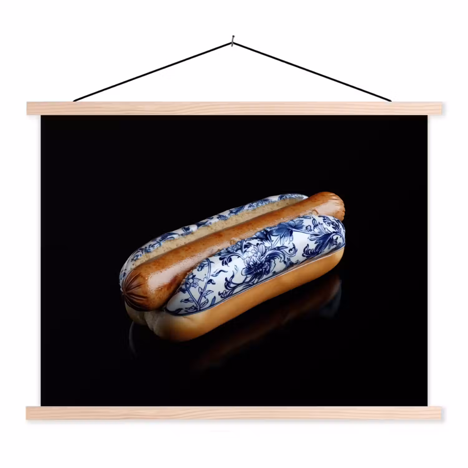 Hotdog - Porselein - Delfts blauw - Eten textielposter latten blank klein -3d