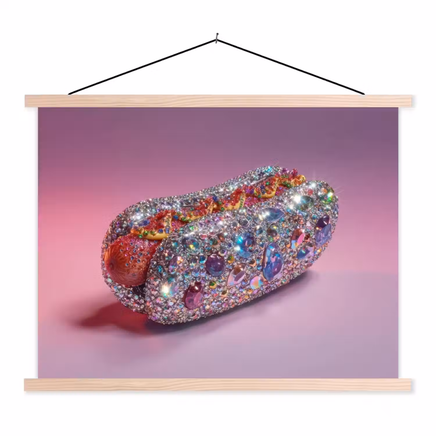 Hotdog - Steentjes - Glitters - Paars textielposter latten blank klein -3d