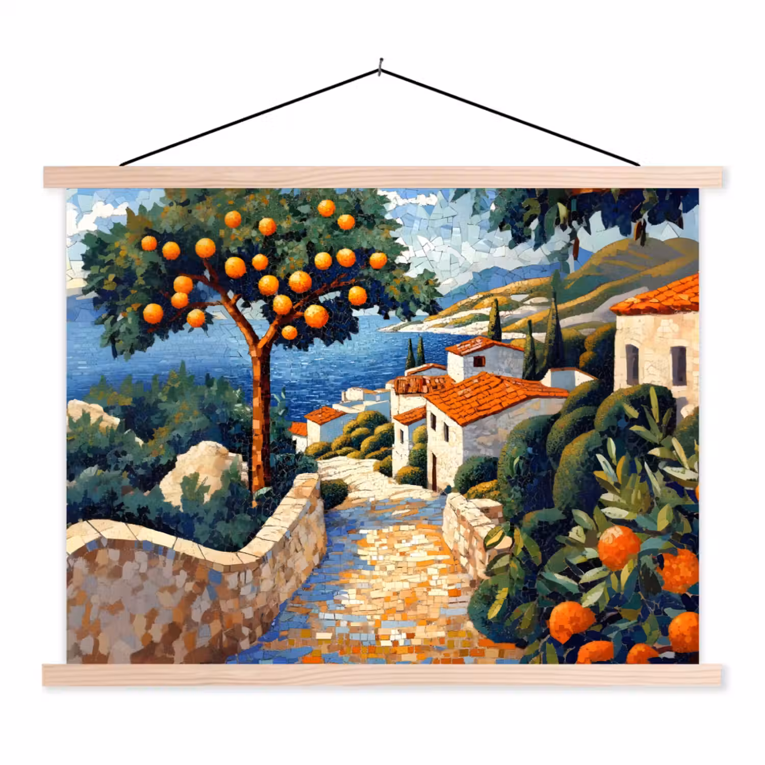 Huizen - Mozaïek - Sinaasappelbomen - Zee textielposter latten blank klein -3d