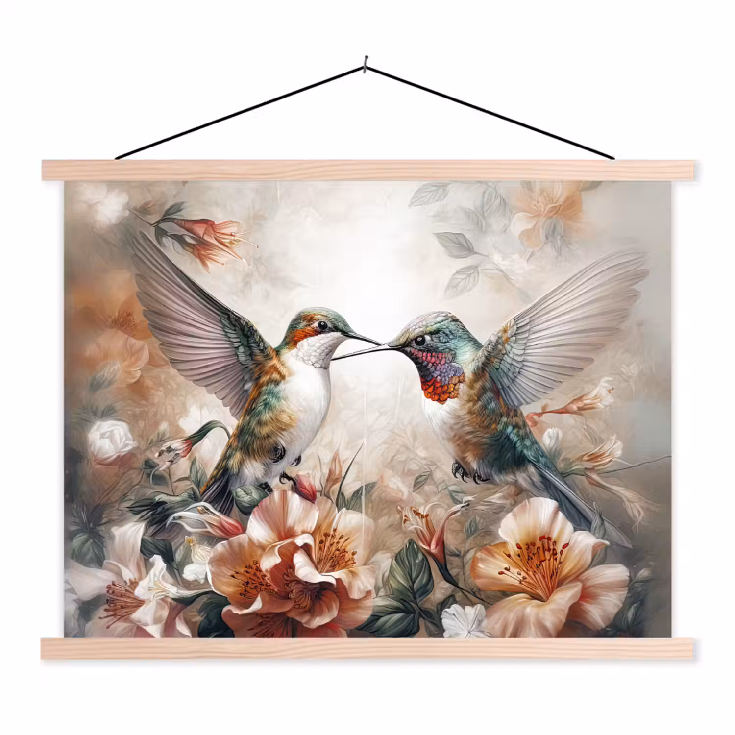 Kolibrie - Vogels - Bloemen - Natuur textielposter latten blank klein -3d