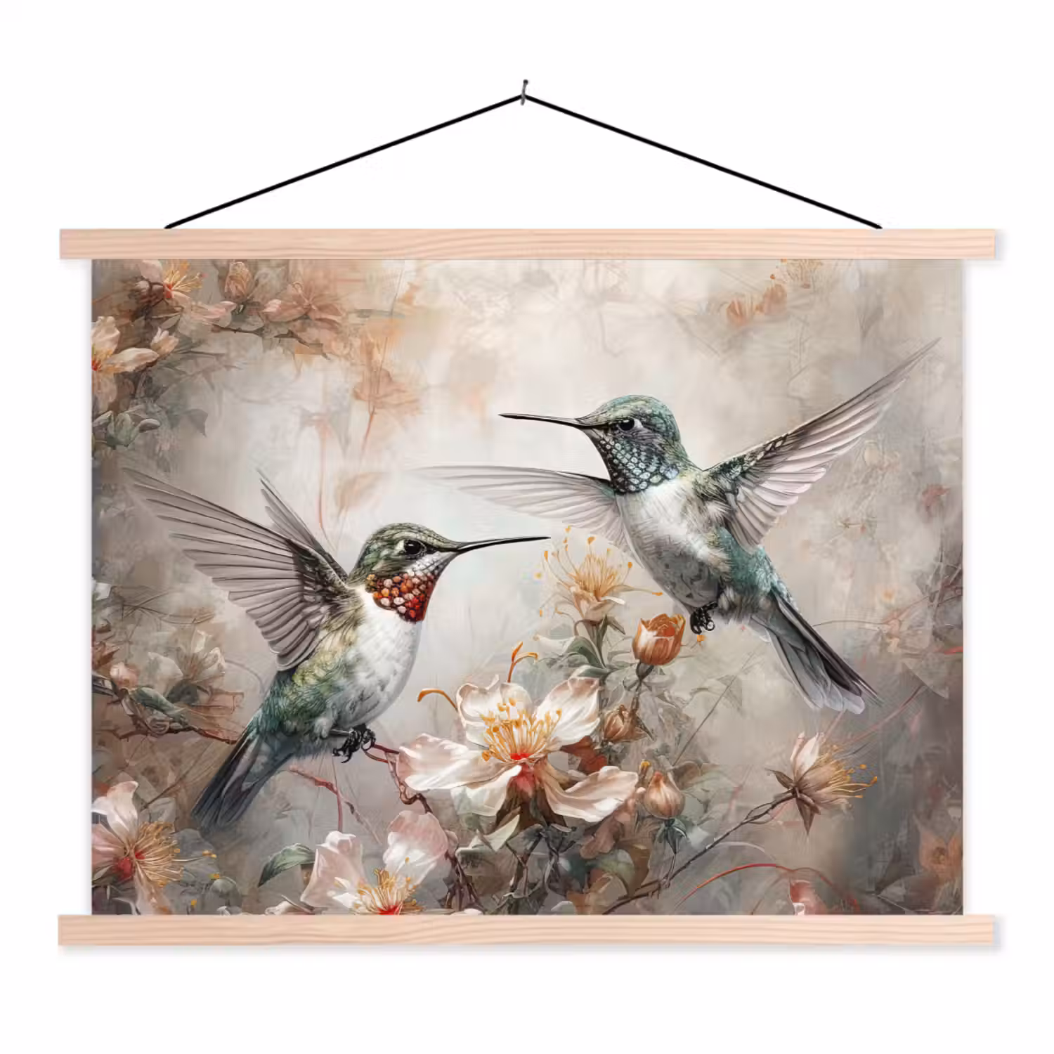 Kolibrie - Vogels - Bloemen - Planten textielposter latten blank klein -3d