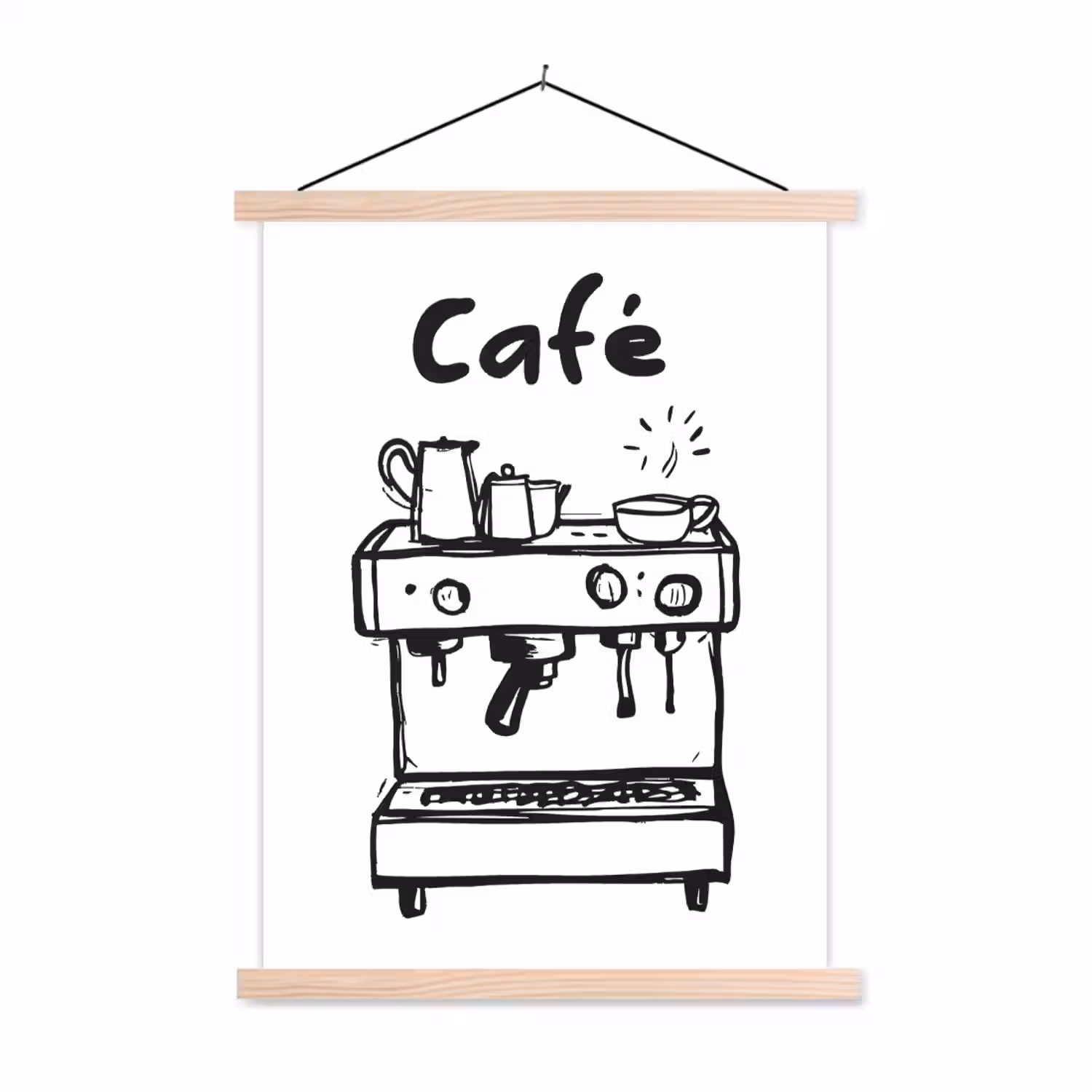 Illustratie - Café - Koffiemachine - Kopjes textielposter latten blank klein -3d