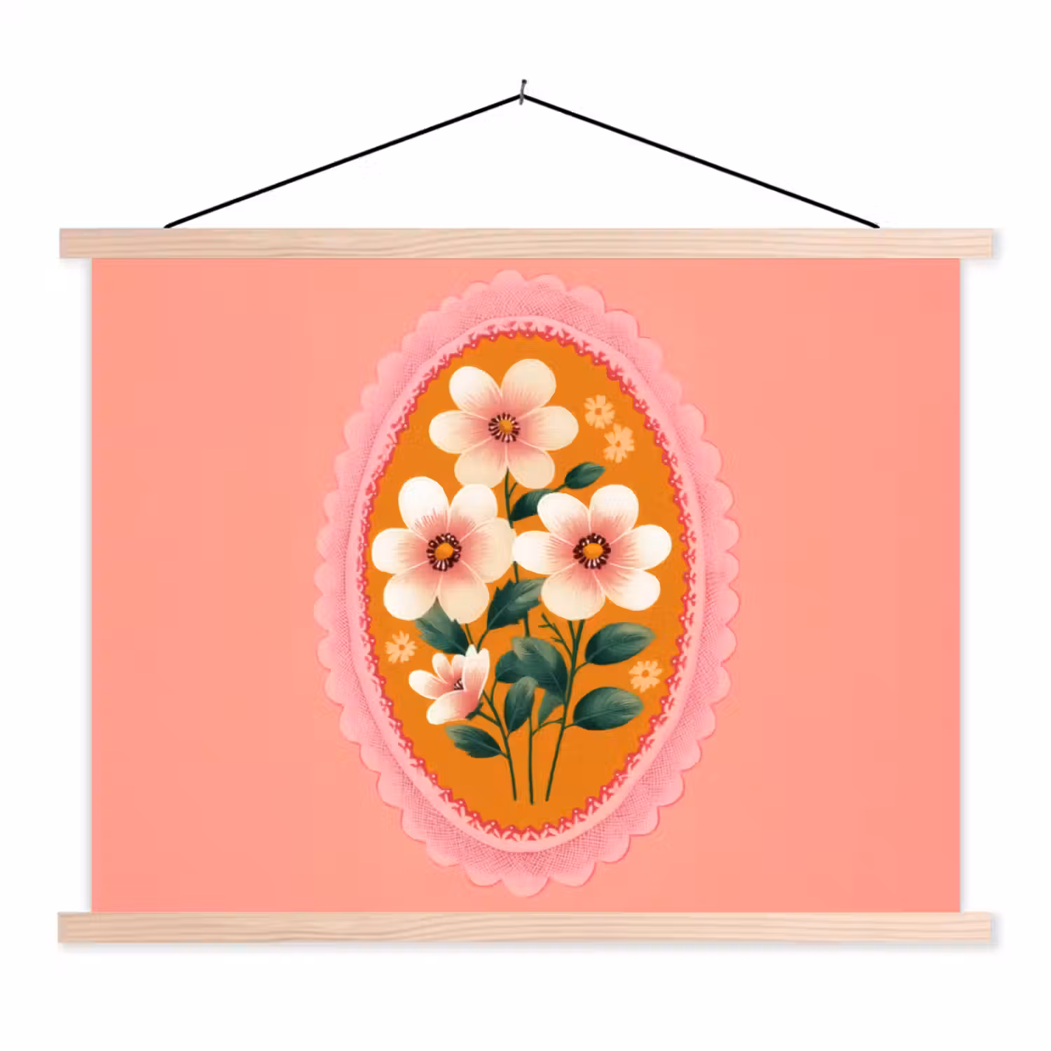 Illustratie - Bloemen - Rand - Roze textielposter latten blank klein -3d
