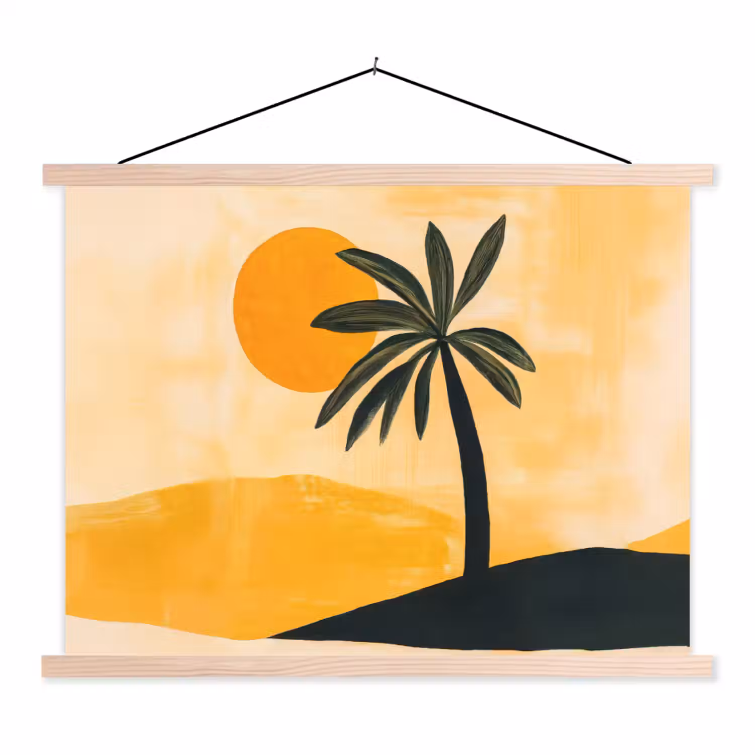 Illustratie - Palmboom - Zon - Heuvels textielposter latten blank klein -3d