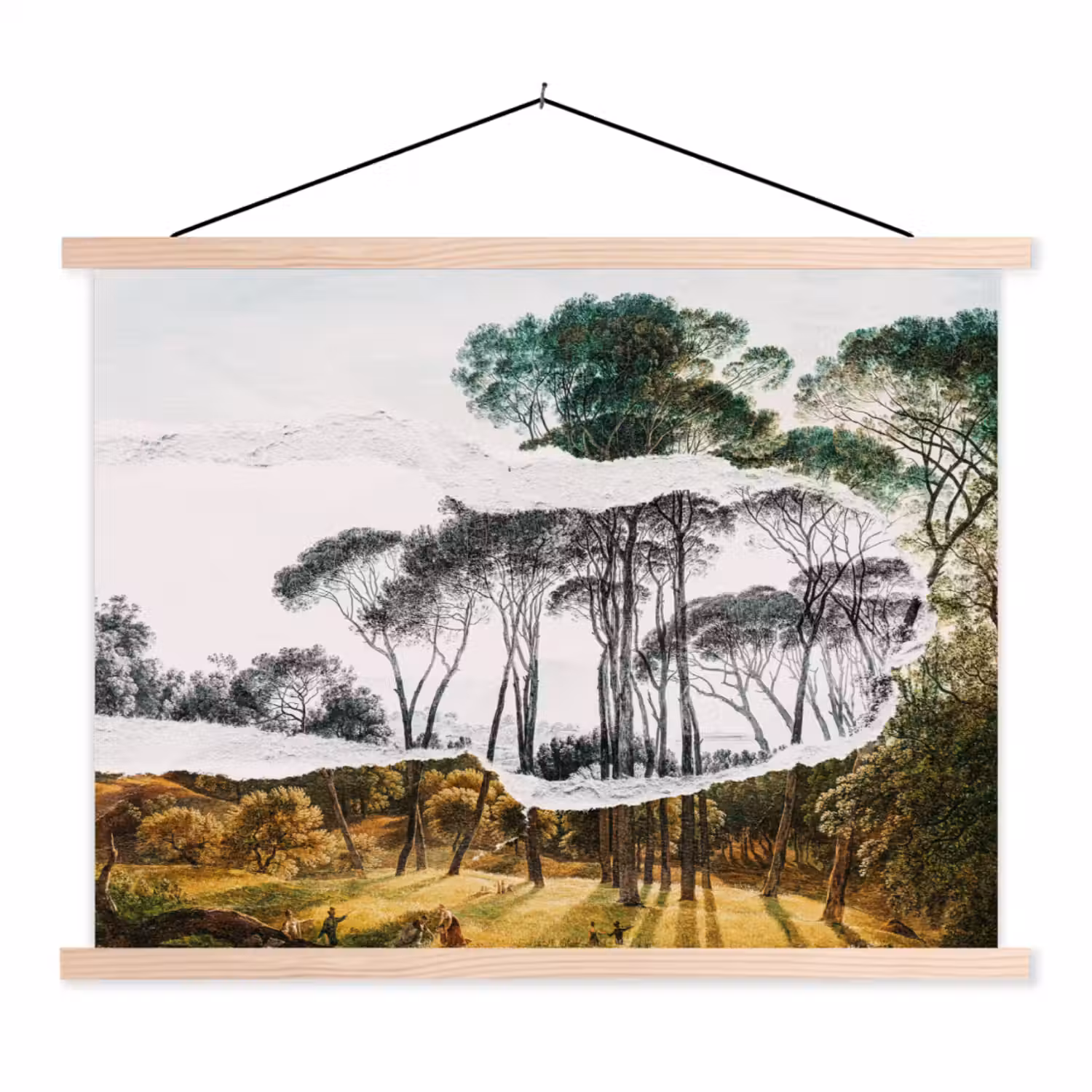 Italiaans landschap parasoldennen - Kunst - Hendrik Voogd - Schilderij - Zwart wit - Oude meesters textielposter latten blank klein -3d
