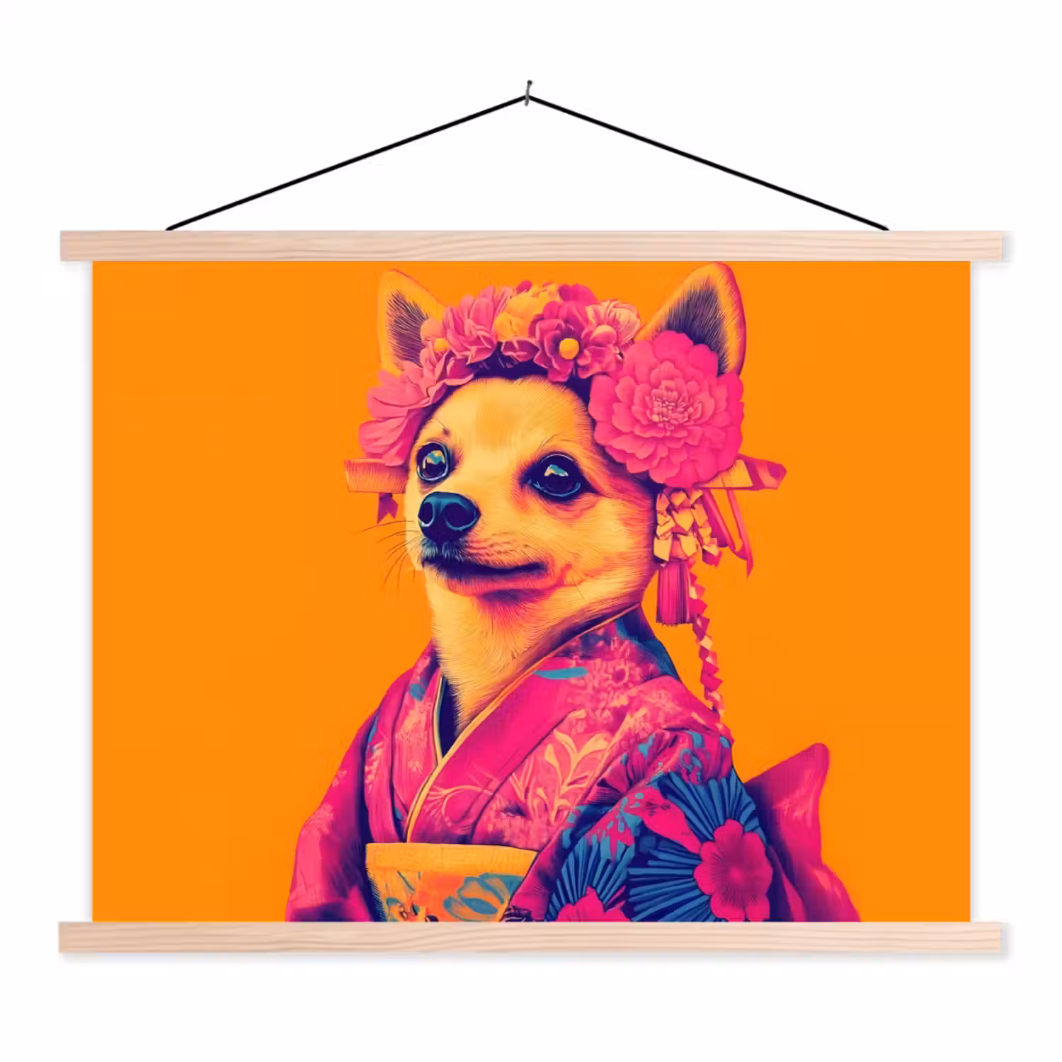 Kimono - Hondje - Bloemenkroon - Oranje textielposter latten blank klein -3d