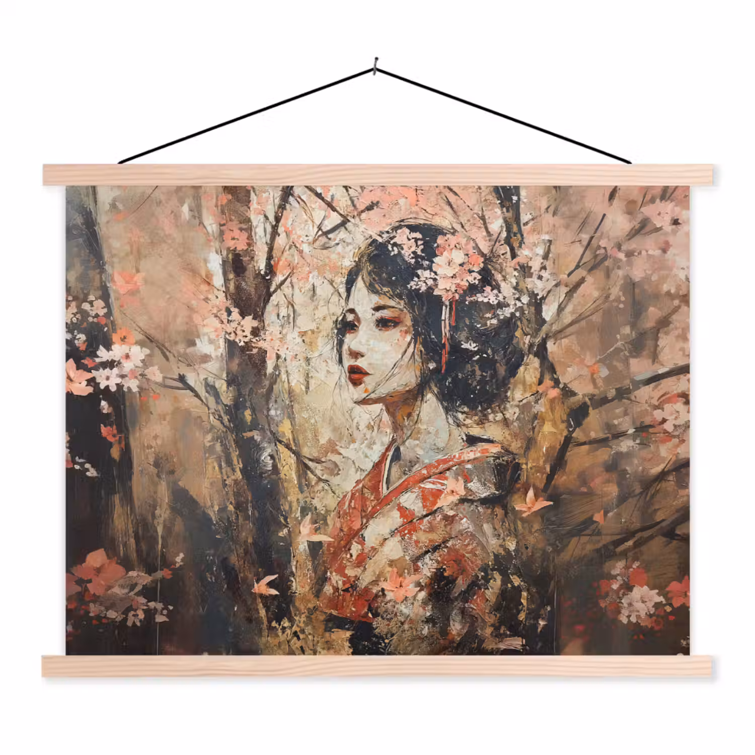 Kimono - Vrouw - kersenbomen textielposter latten blank klein -3d