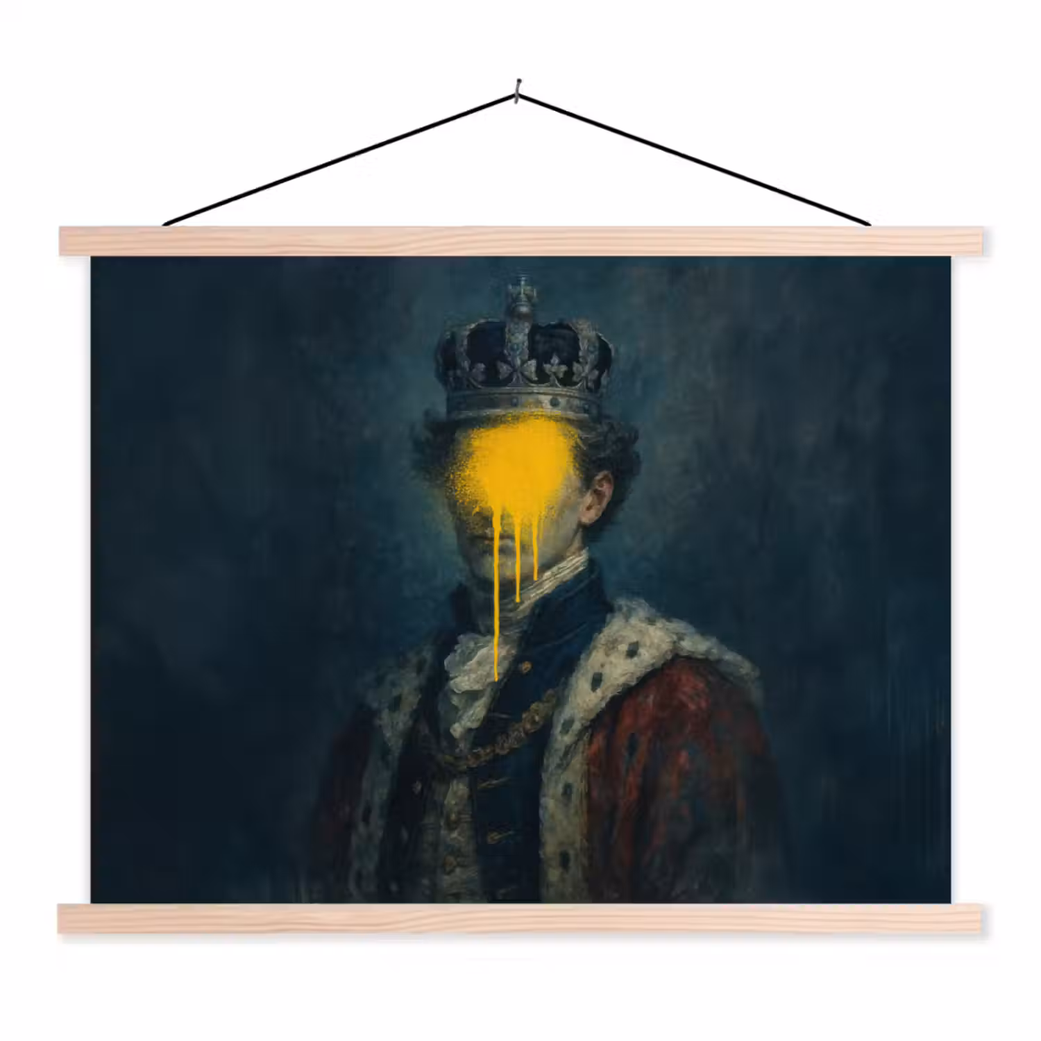 Koning - Portret - Druipende gele verf textielposter latten blank klein -3d