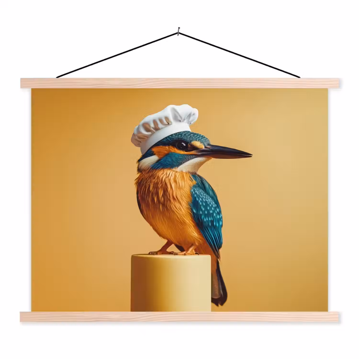 Ijsvogel - Pilaar - Koksmuts - Vogel textielposter latten blank klein -3d