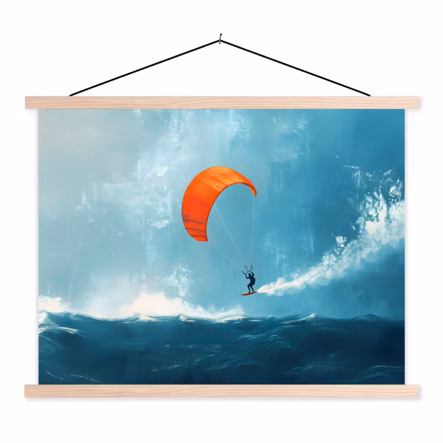 Kitesurfer - Oranje - Zee - Lucht textielposter latten blank klein -3d
