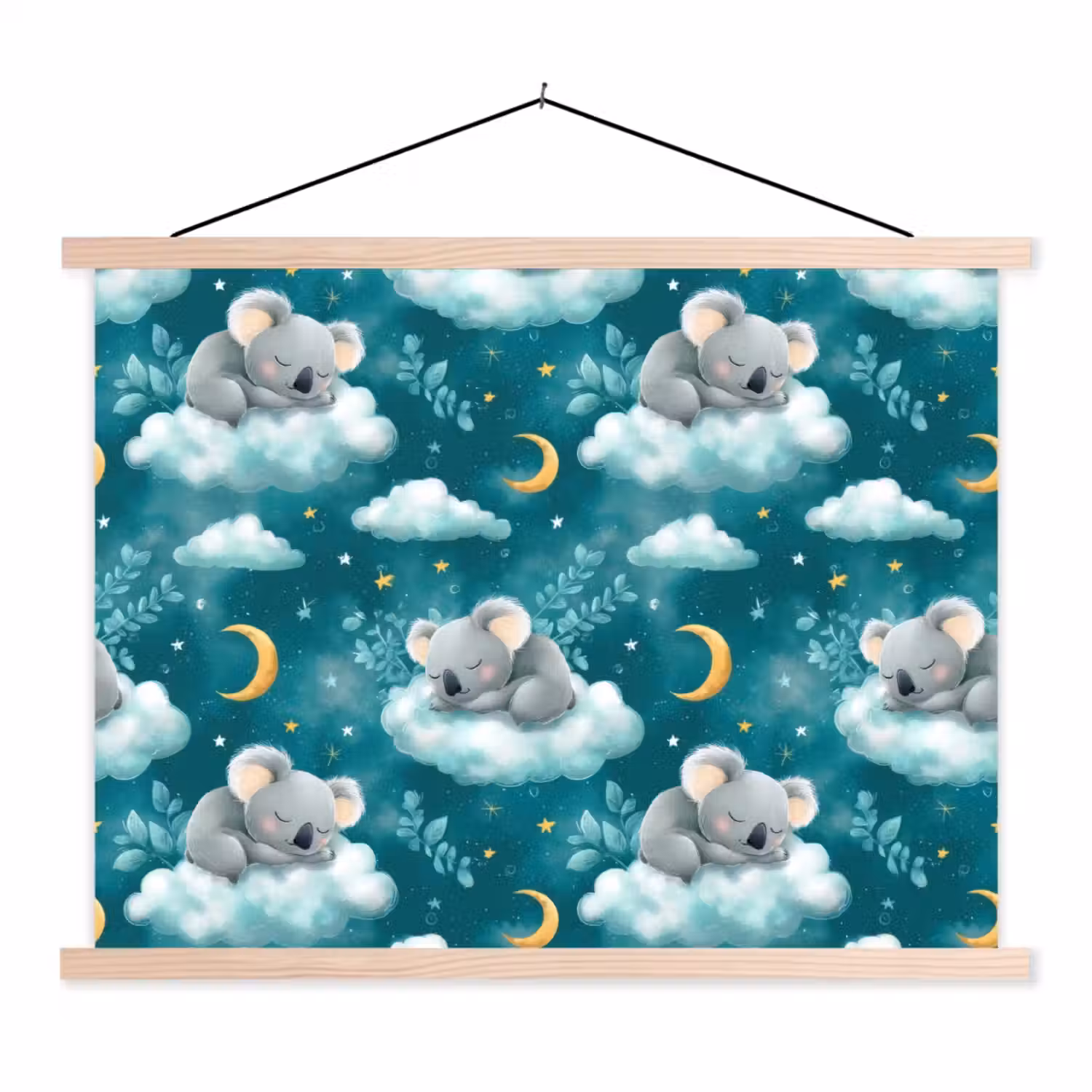 Koala's - Betoverend - Blauw textielposter latten blank klein 122 -3d