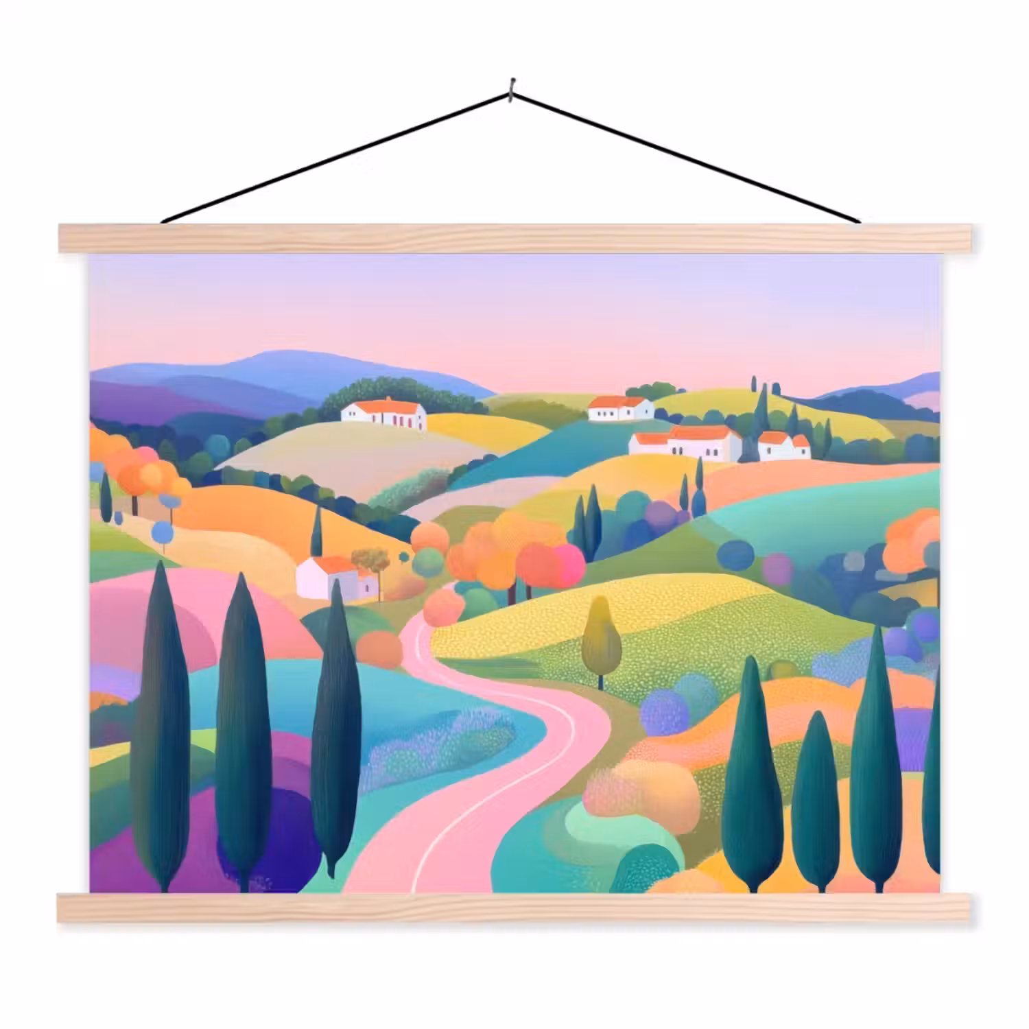 Landschap - Paars - Pastel - Huizen textielposter latten blank klein -3d