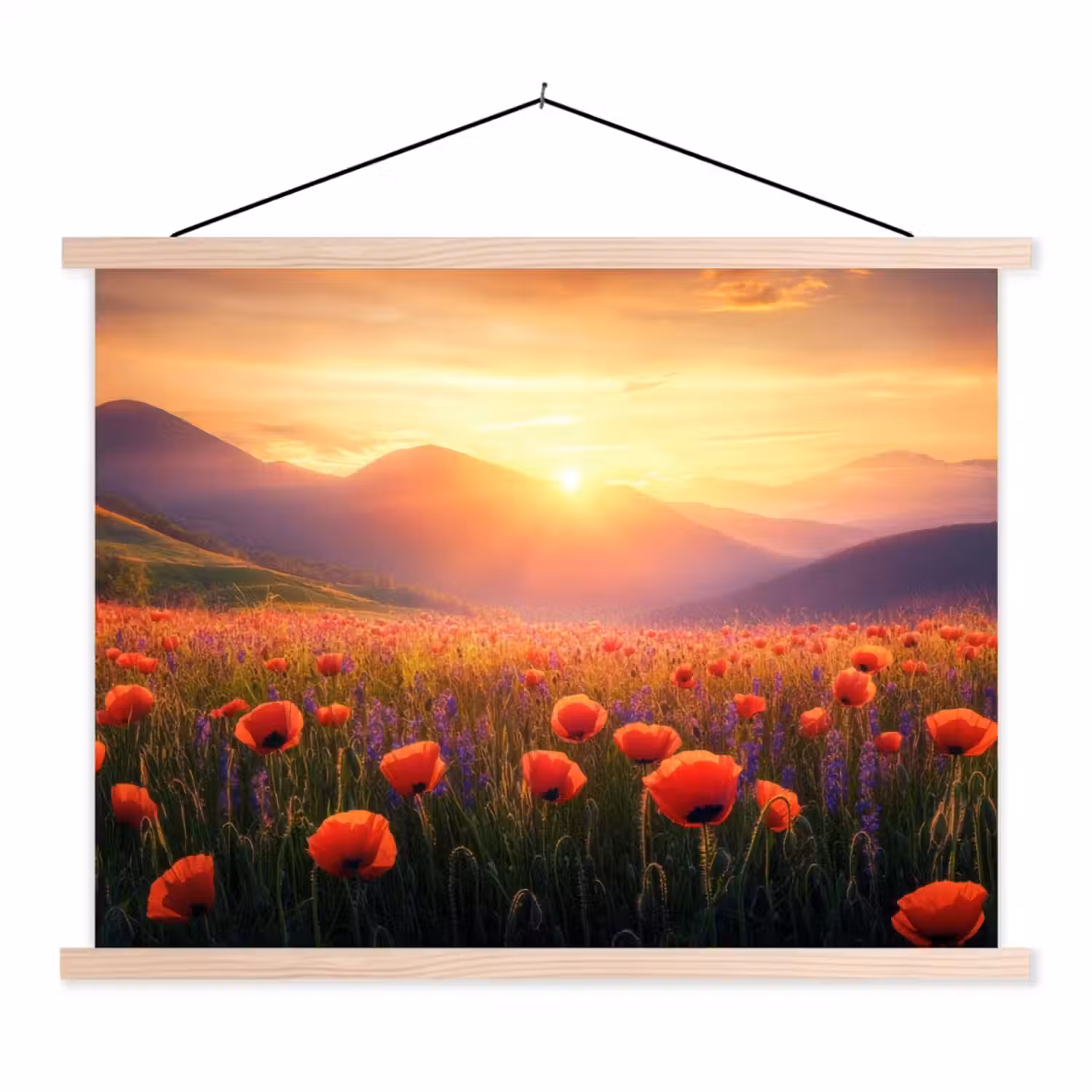 Landschap - Zonsondergang - Bloemenveld textielposter latten blank klein -3d