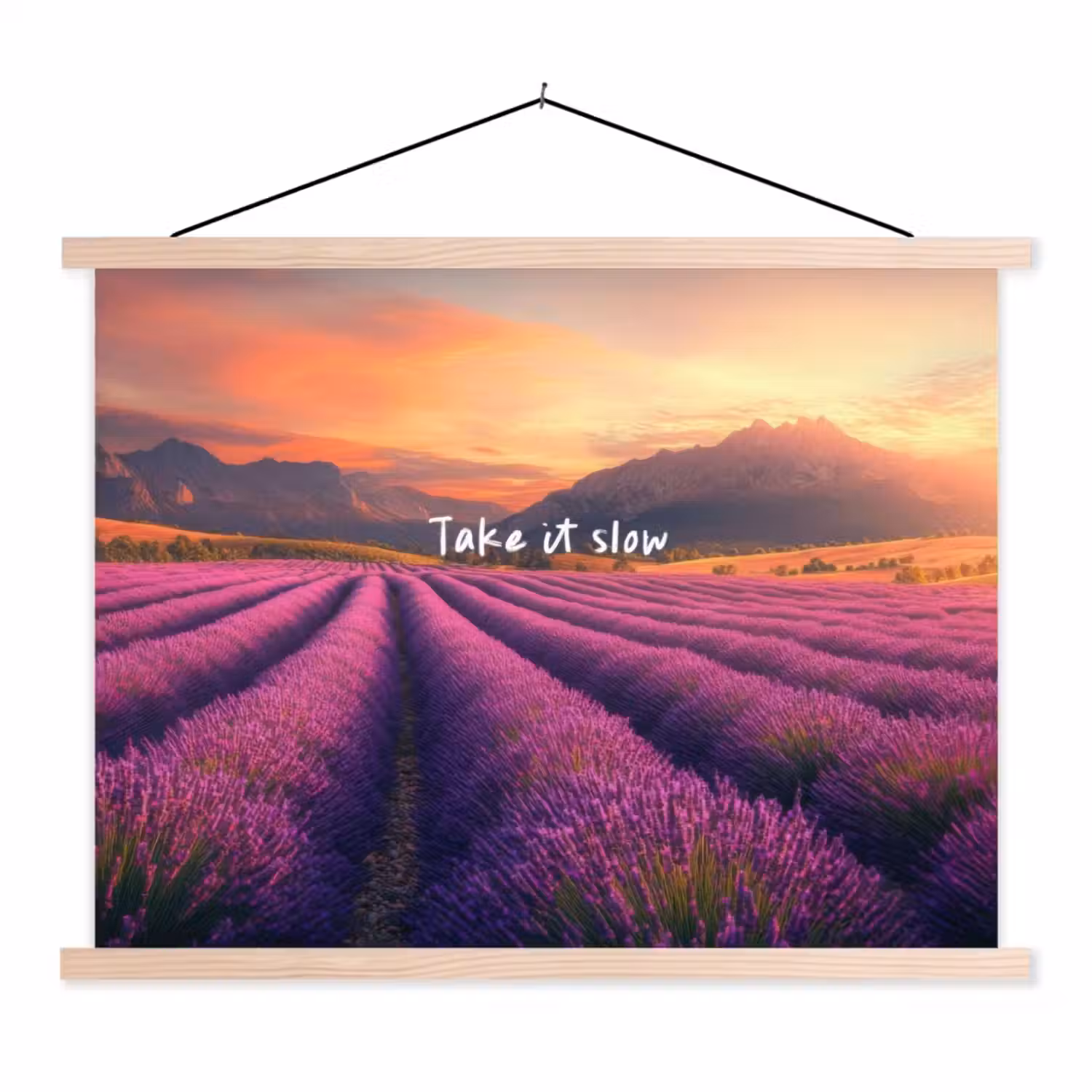 Lavendelveld - Quote - Zonsondergang textielposter latten blank klein -3d