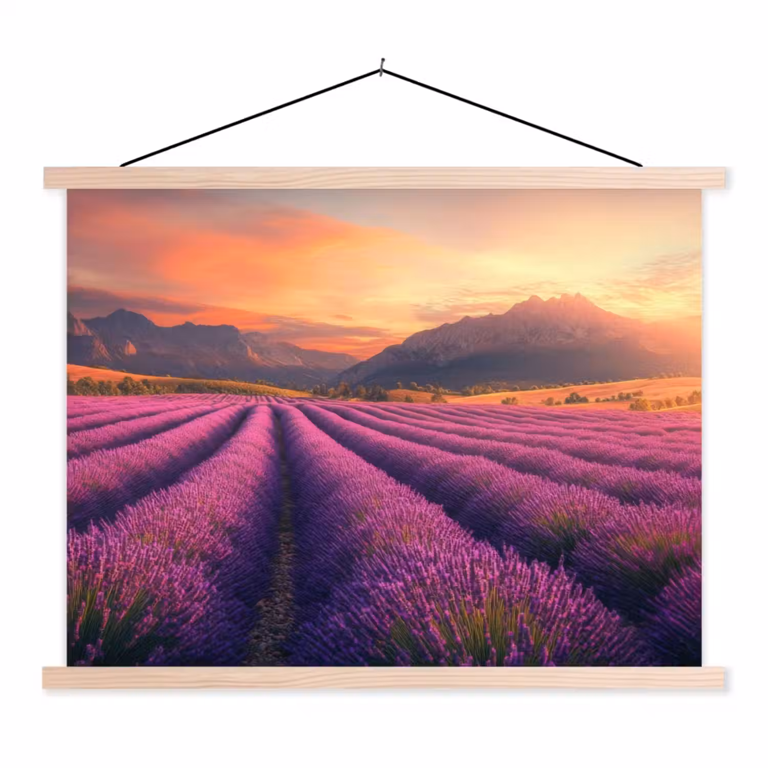 Lavendelveld - Zonsondergang - Paars textielposter latten blank klein -3d