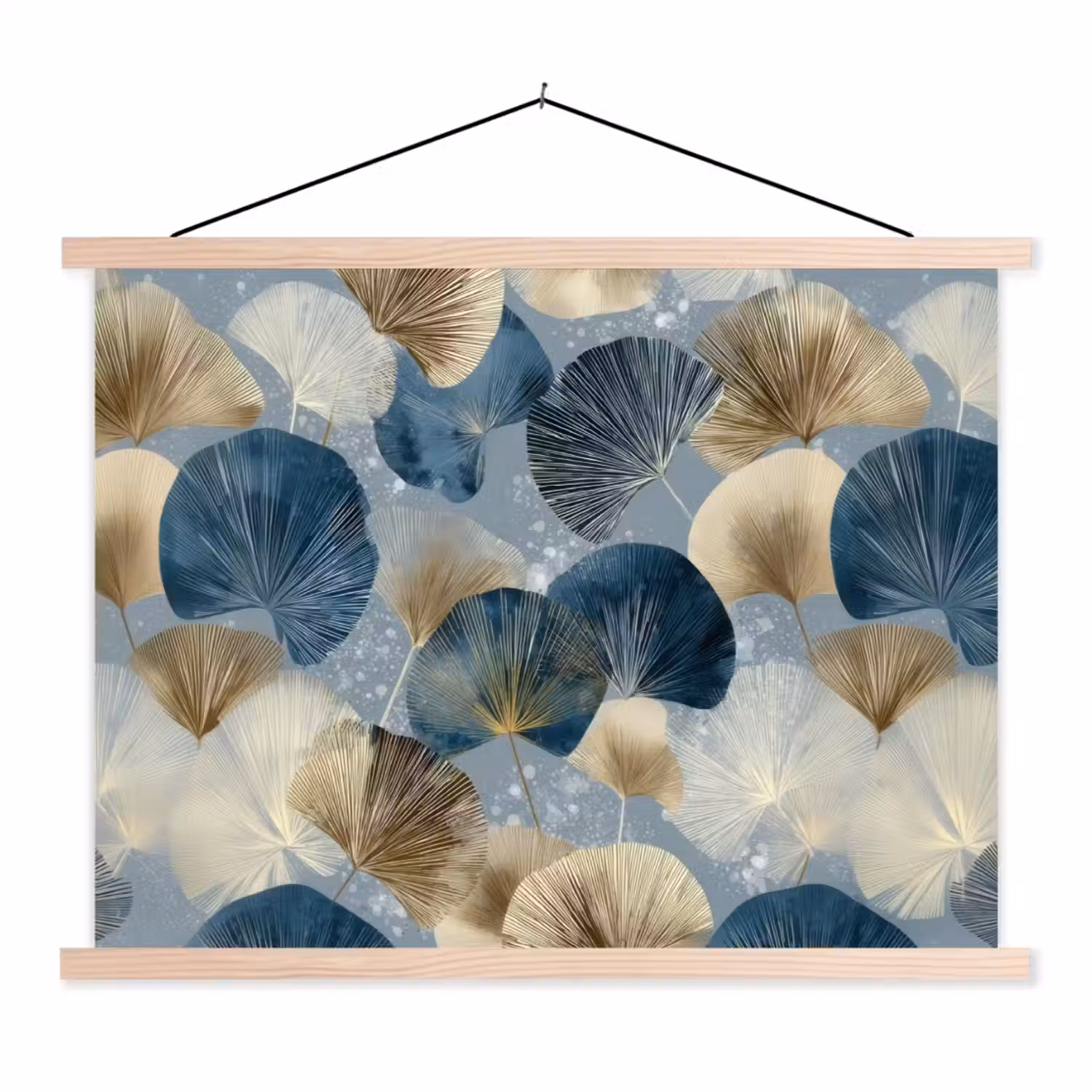 Bladeren - Abstract - Goud - Blauw textielposter latten blank klein -3d