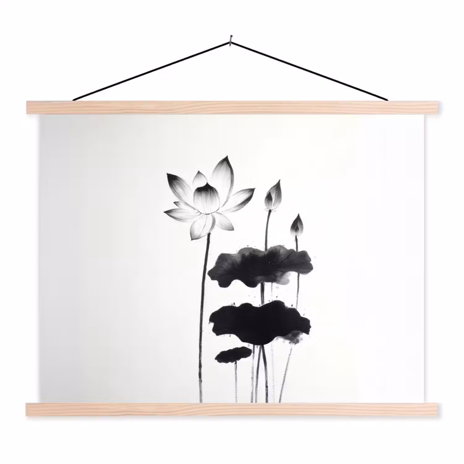 Bladeren - Zwart - Lotusbloem - Minimalitisch textielposter latten blank klein -3d