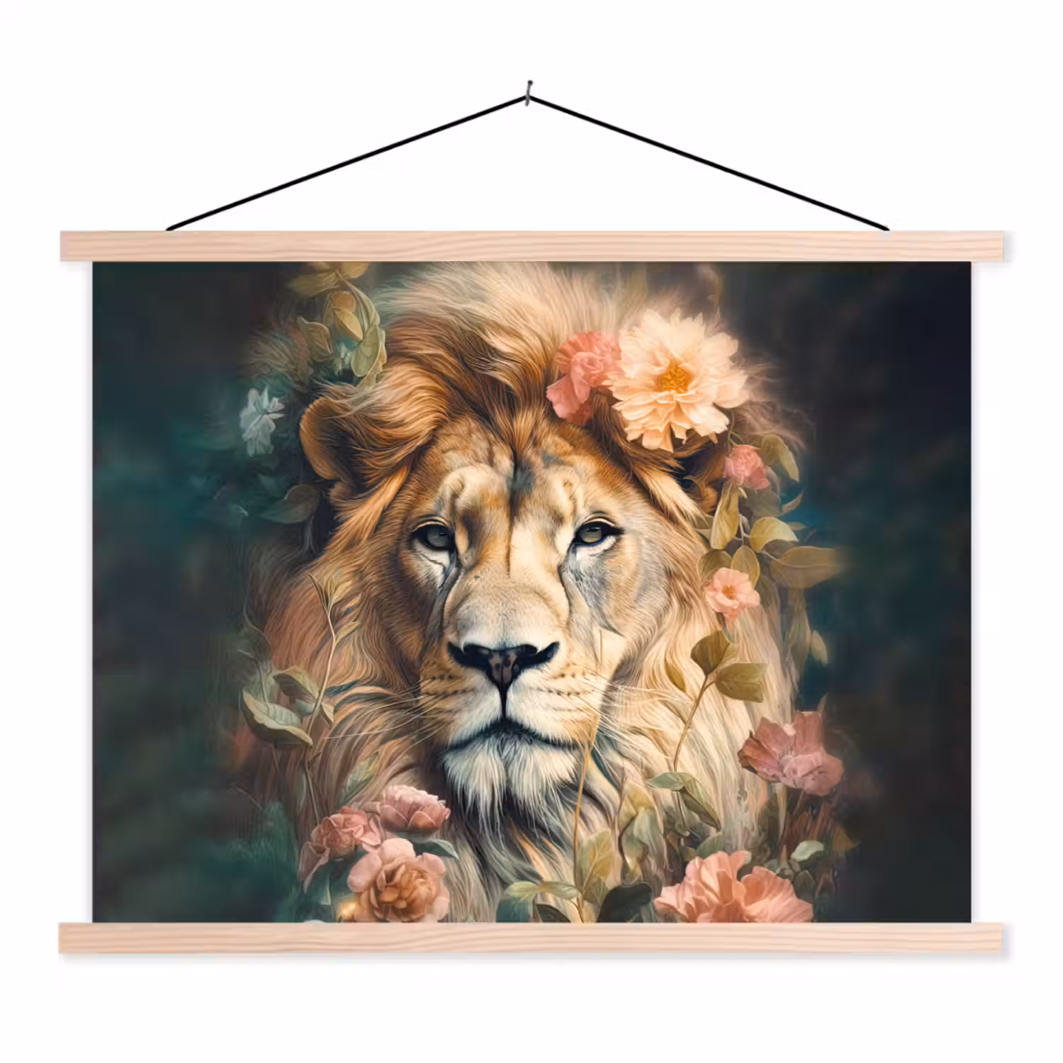 Leeuw - Leeuwenkop - Wilde dieren - Bloemen textielposter latten blank klein -3d