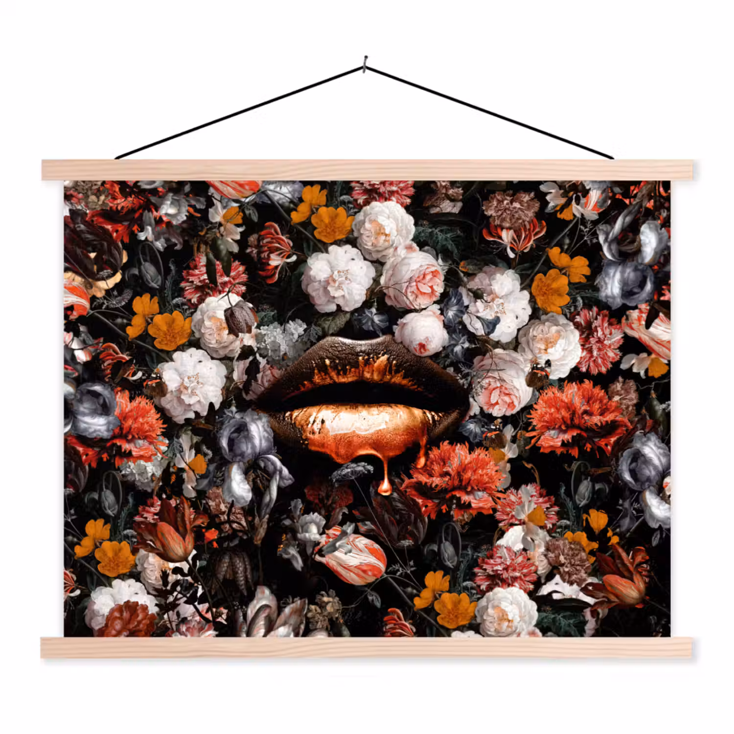 Lippen - Bloemen - Verf - Oranje - Kunst - Abstract - Oude meesters textielposter latten blank klein -3d