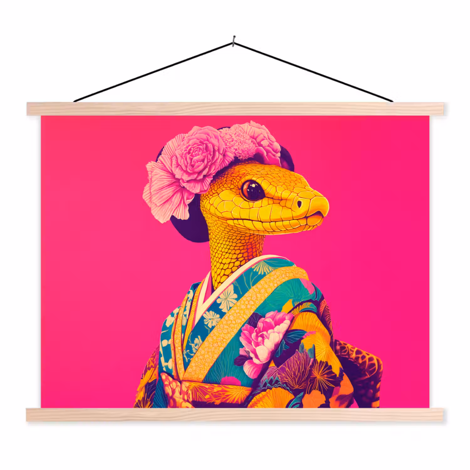 Hagedis - Bloemen - Roze - Kimono textielposter latten blank klein -3d