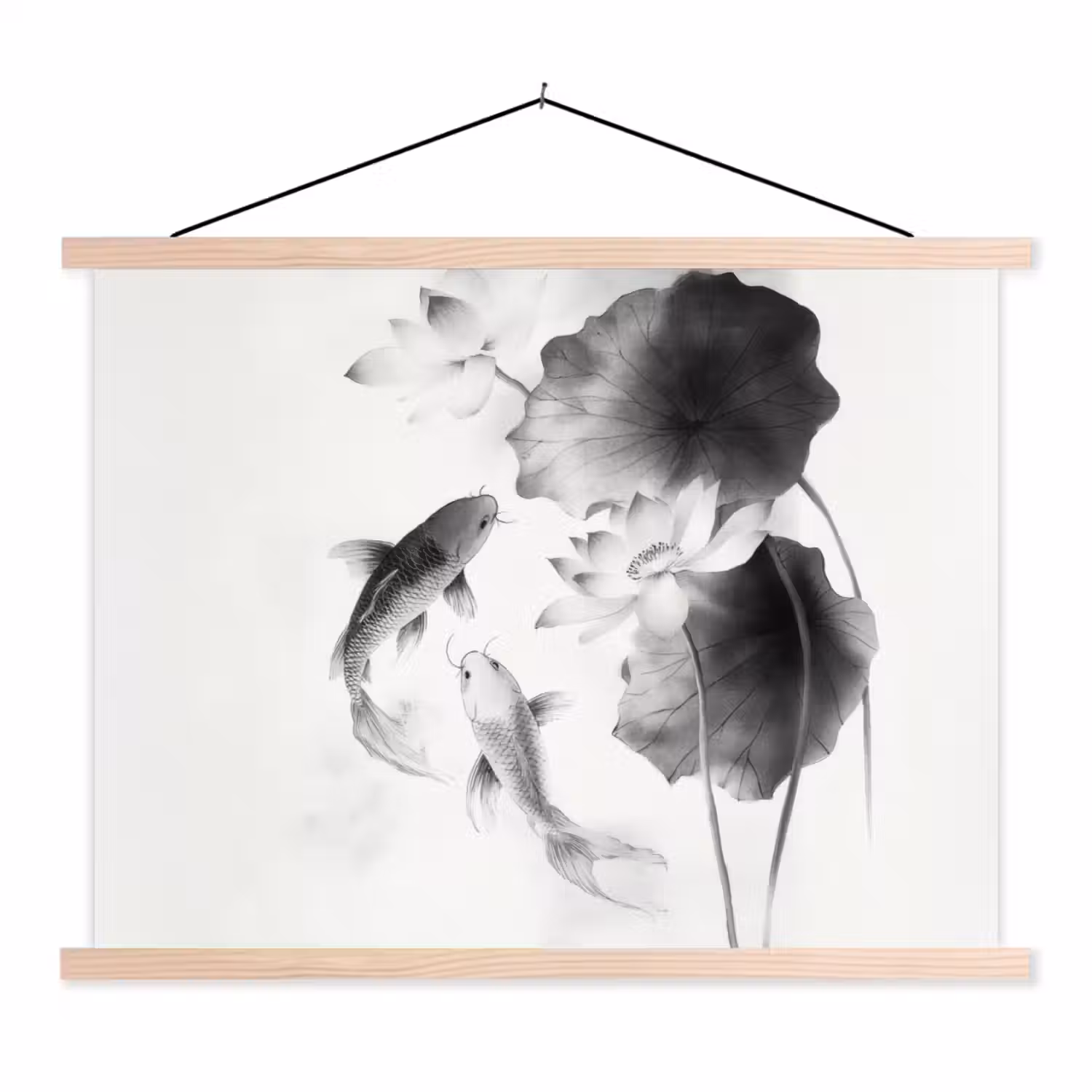 Lotusbloemen - Vissen - Bladeren - Zwart textielposter latten blank klein -3d