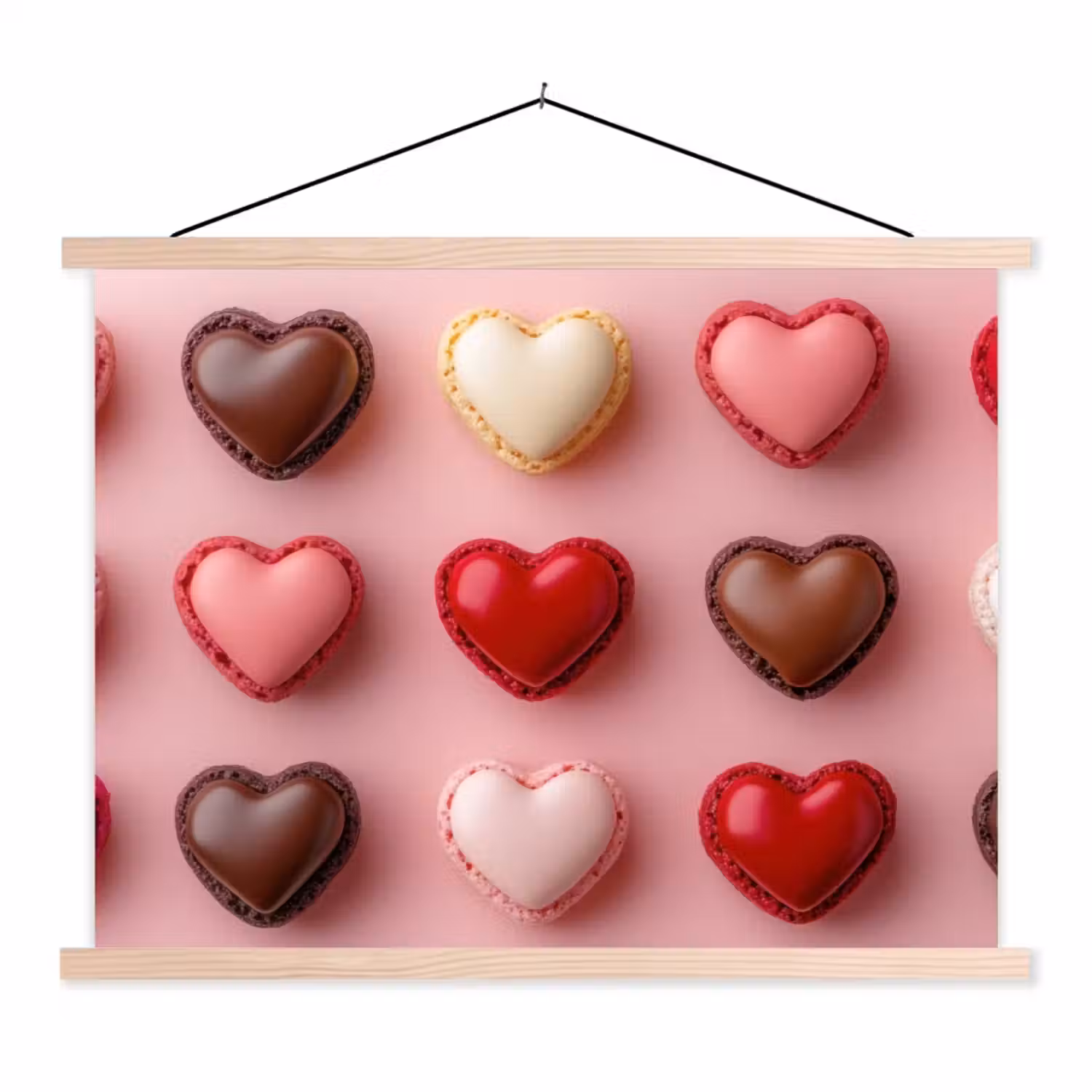Macarons - Hartjes - Kleurrijk - Roze textielposter latten blank klein -3d