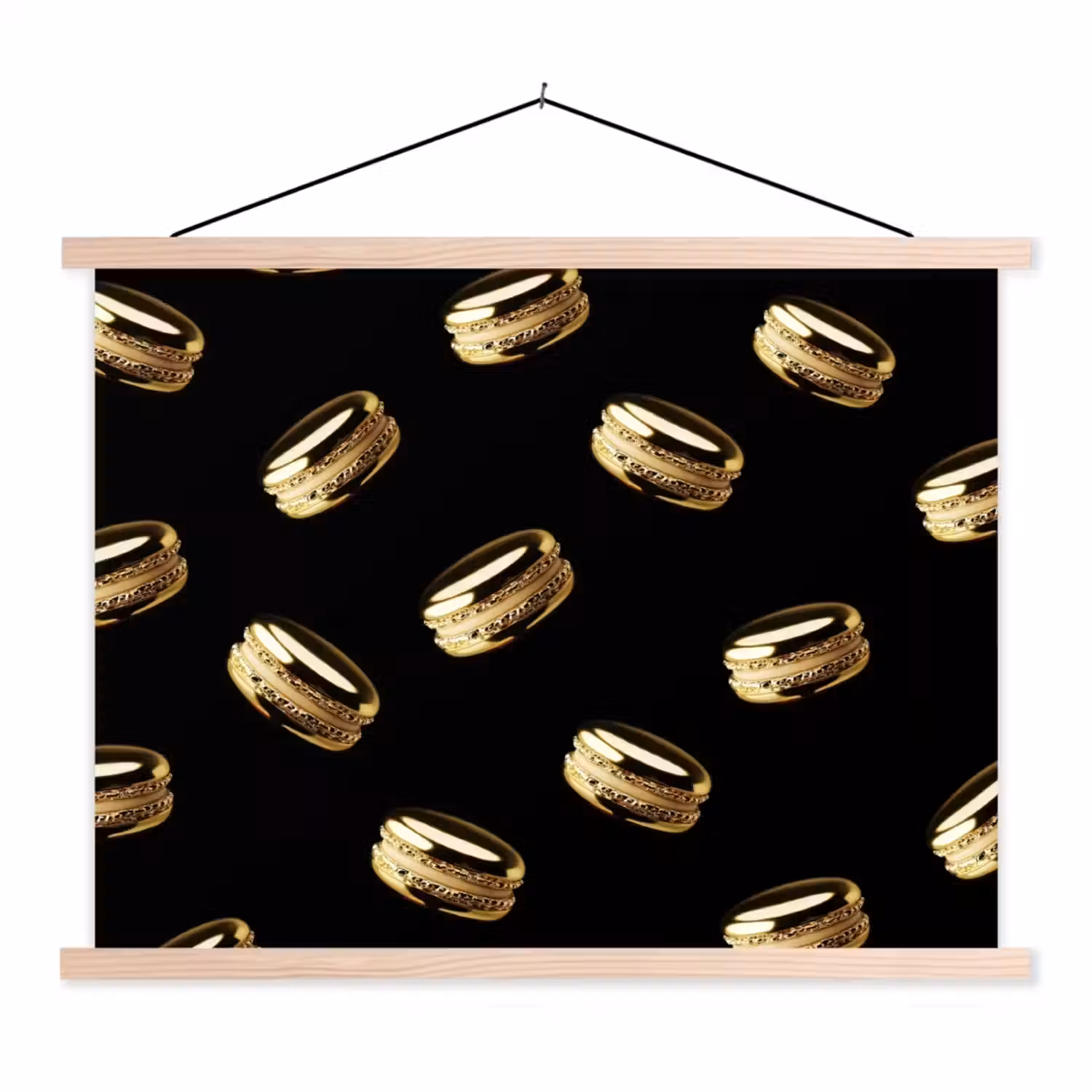 Macarons - Patroon - Goud - Zwart textielposter latten blank klein -3d