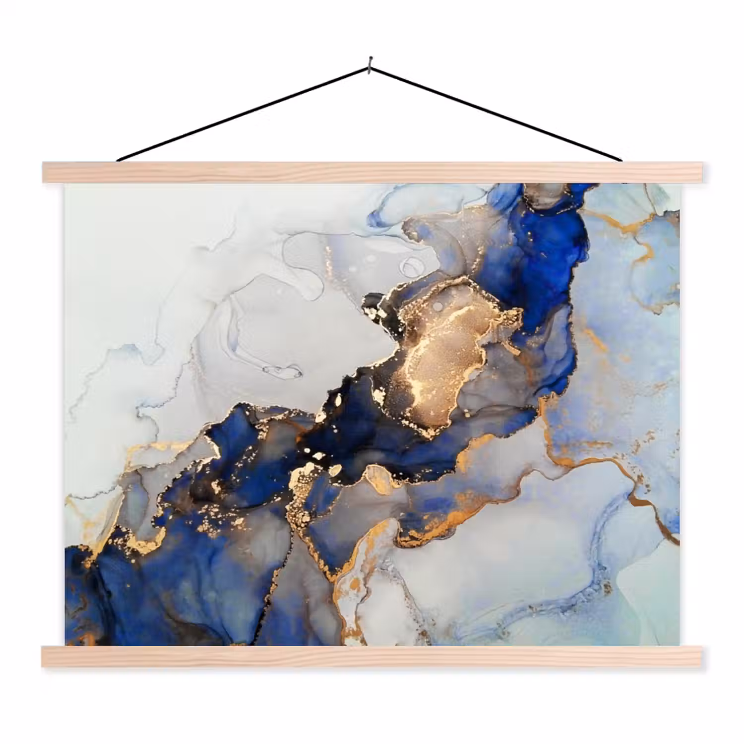 Marmer - Blauw - Goud textielposter latten blank klein -3d