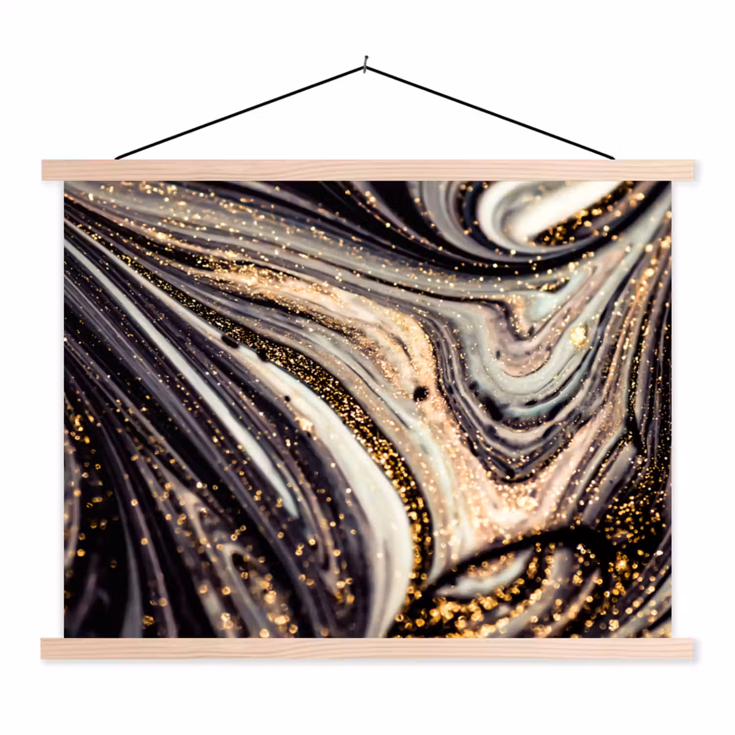 Marmerlook - Zwart - Goud - Wit - Glitter - Marmer textielposter latten blank klein -3d