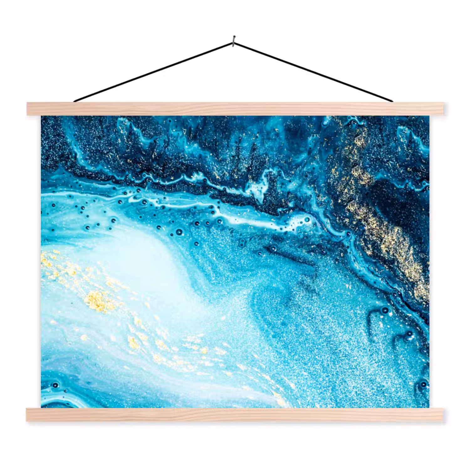 Marmerlook - Blauw - Goud - Luxe - Glitter - Marmer textielposter latten blank klein -3d