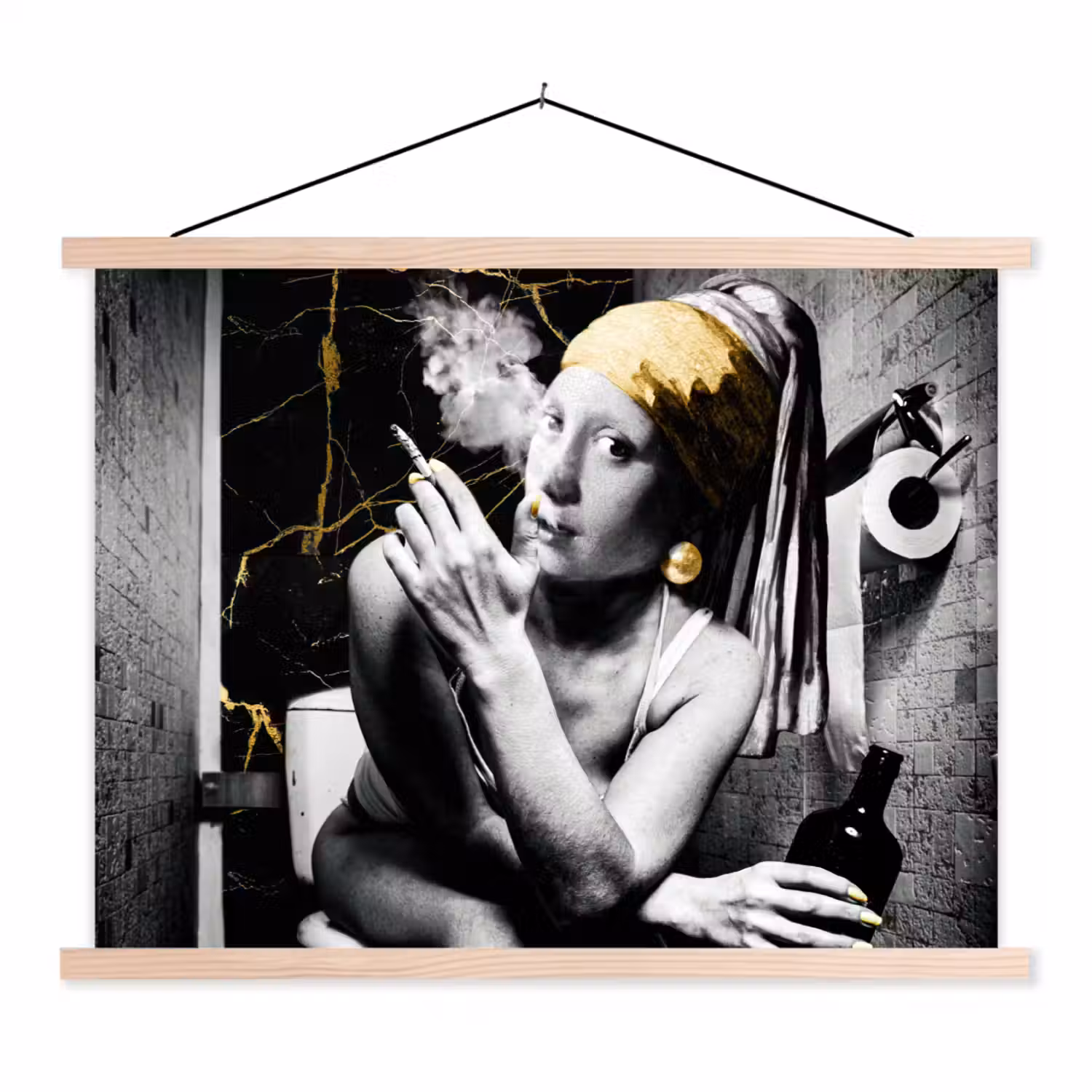 Marmerlook - Meisje met de parel - Sigaretten - Toilet - Goud - Kunst - Oude meesters textielposter latten blank klein -3d