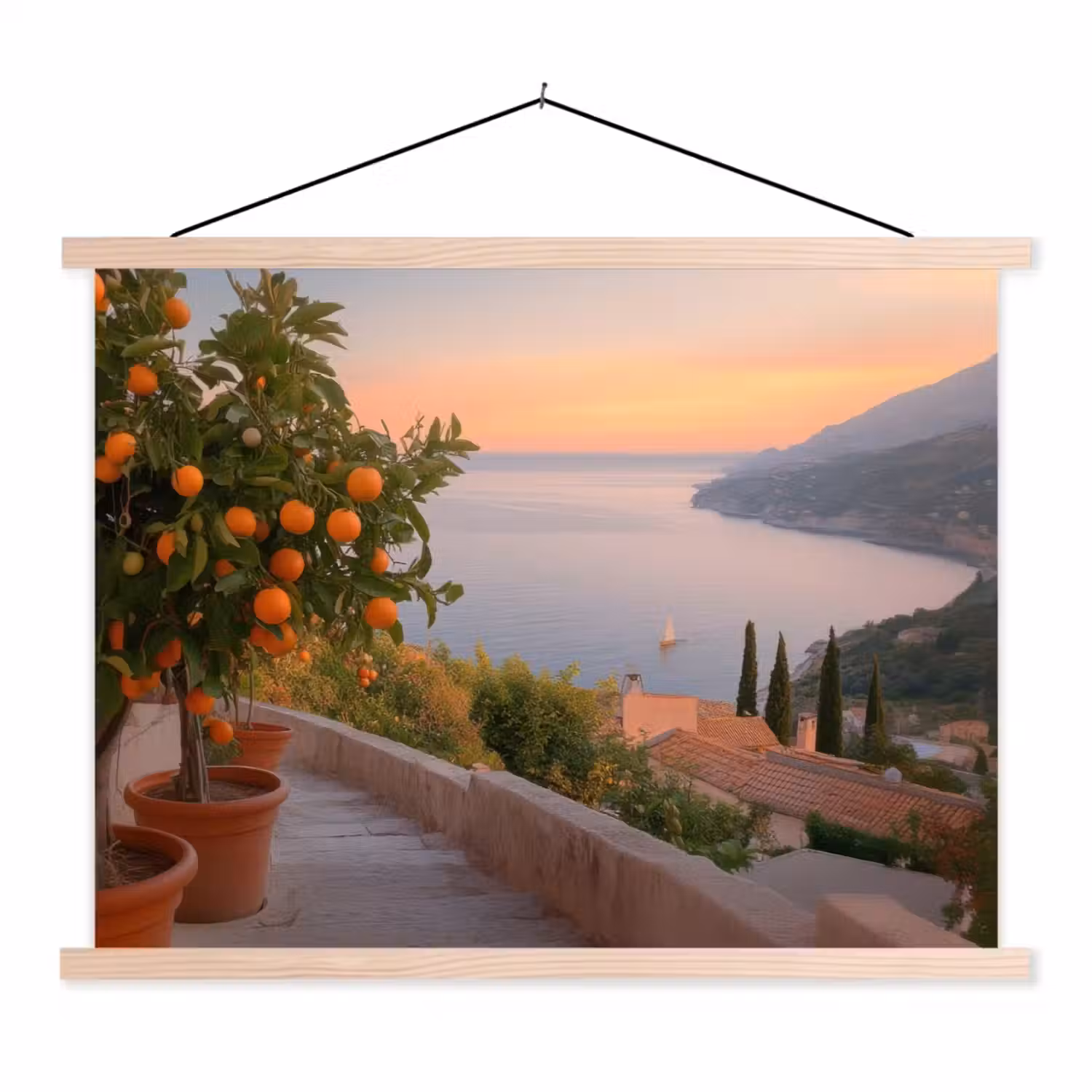 Middelandse zee - Sinaasappel - Heuvels - Zee textielposter latten blank klein -3d