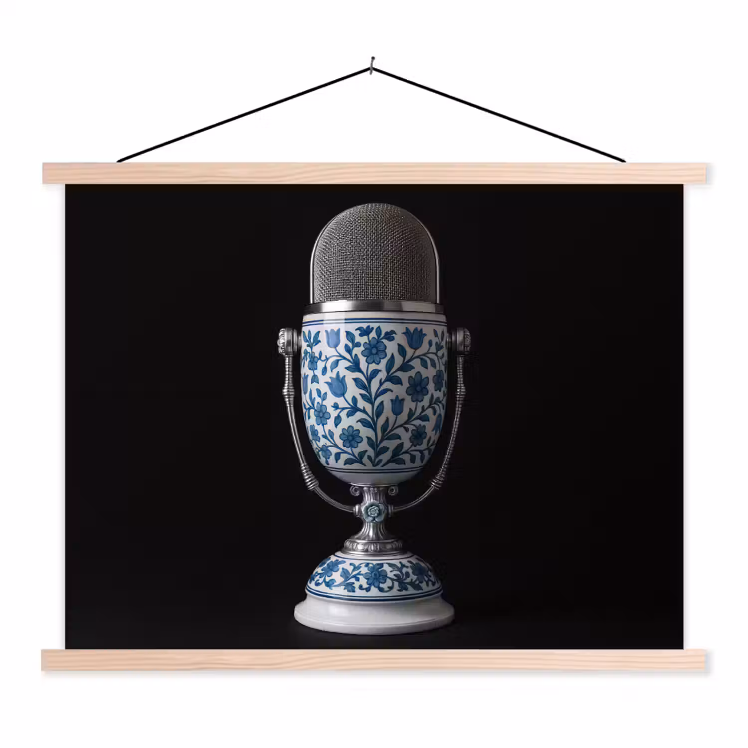 Microfoon - Delfts blauw - Muziek textielposter latten blank klein -3d
