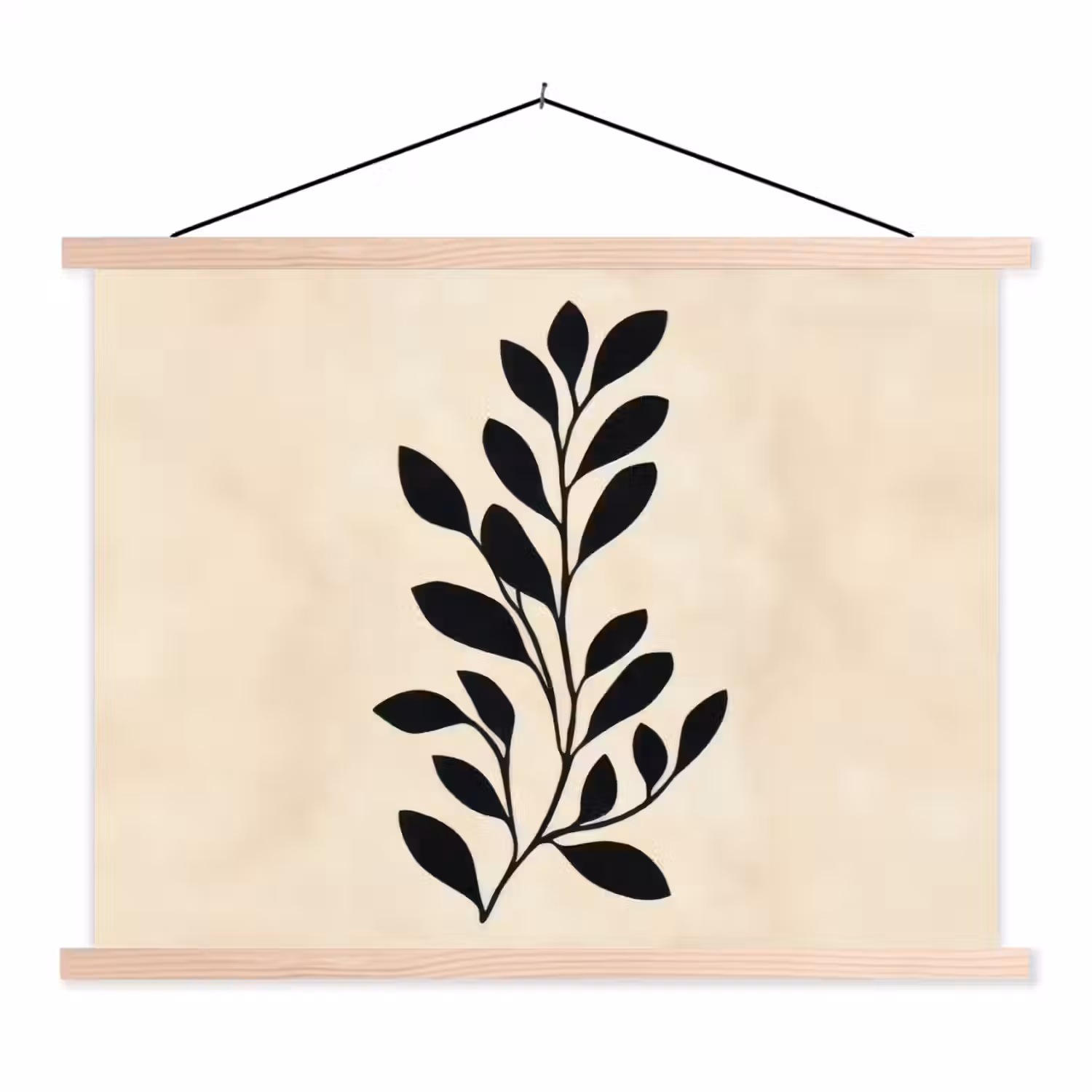 Minimalistisch - Tak - Bladeren - Zwart textielposter latten blank klein -3d
