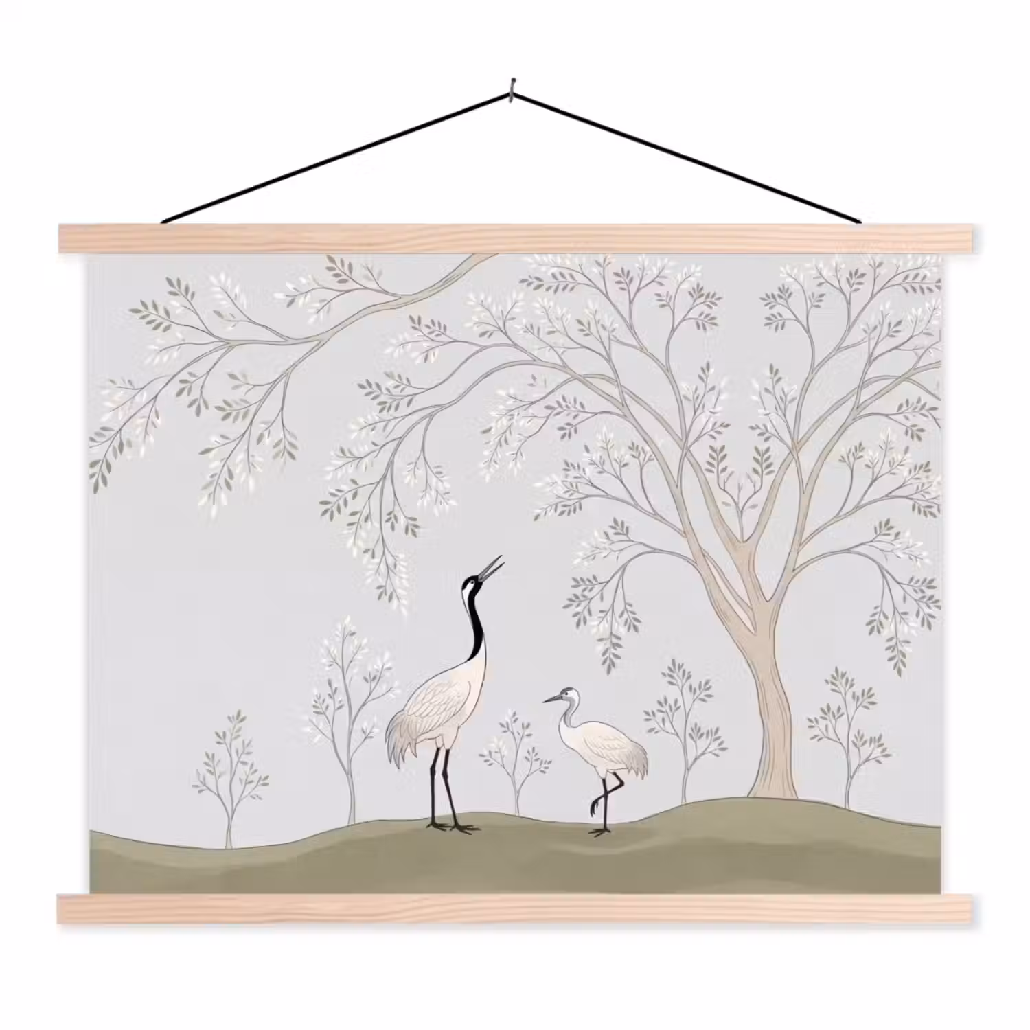 Minimalistisch - Kraanvogels - Blauw textielposter latten blank klein -3d