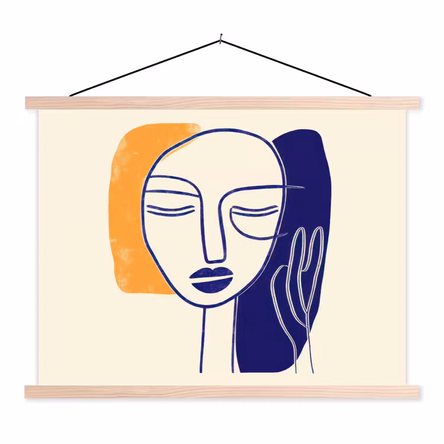 Minimalistisch - Gezicht - Hand - Oranje - Blauw textielposter latten blank klein -3d