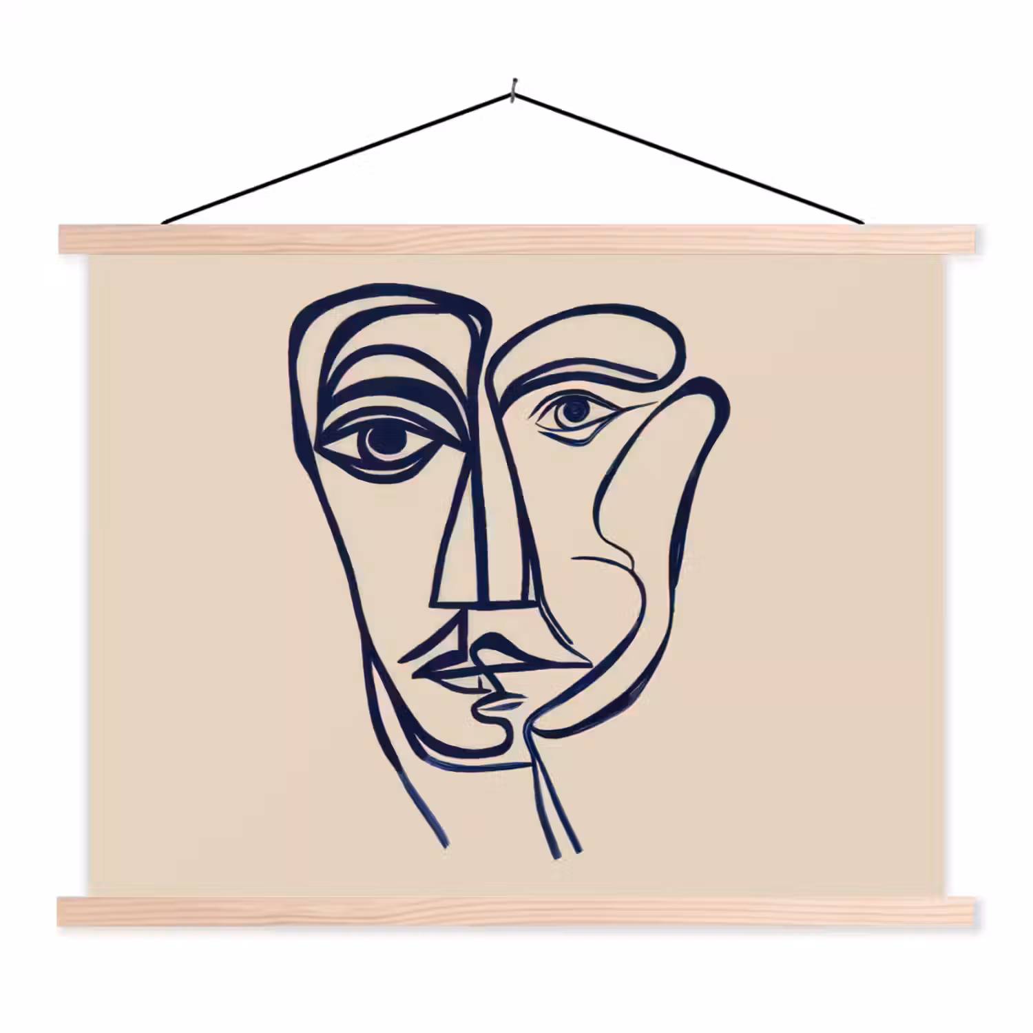 Minimalistisch - Lijnillustratie - Beige - Donkerblauw textielposter latten blank klein -3d