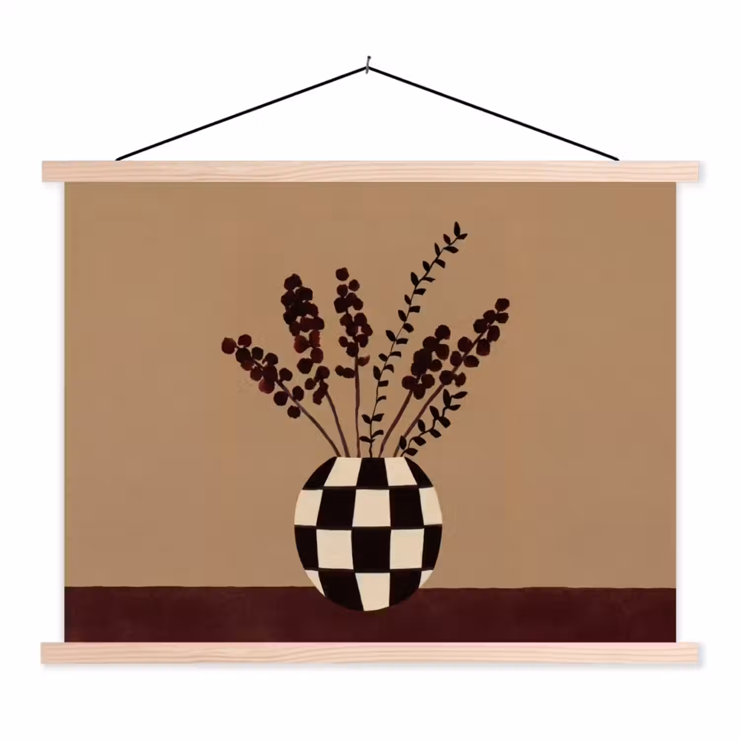 Minimalistisch - Vaas - Bloemen - Bruin textielposter latten blank klein -3d