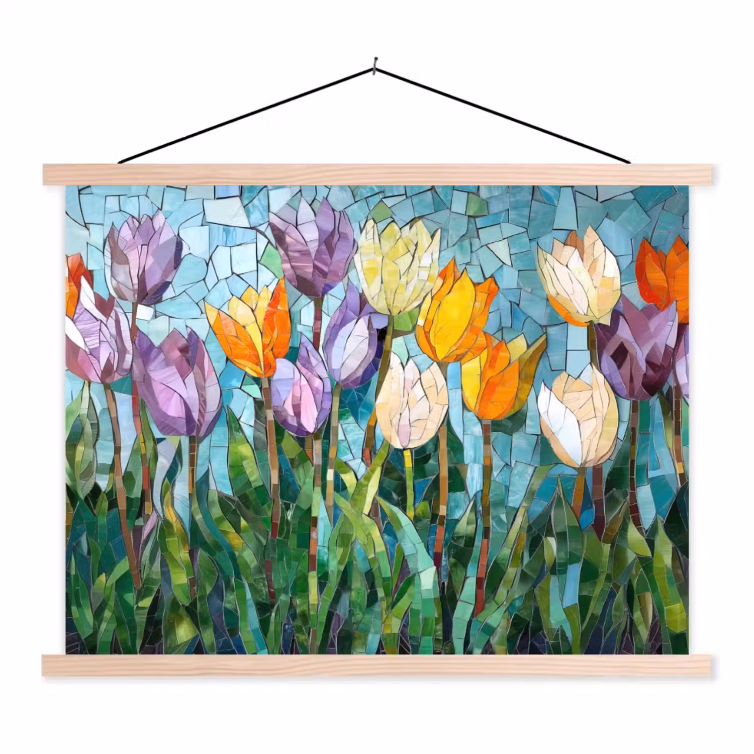Mozaïek - Veld - Tulpen - Kleurrijk textielposter latten blank klein -3d